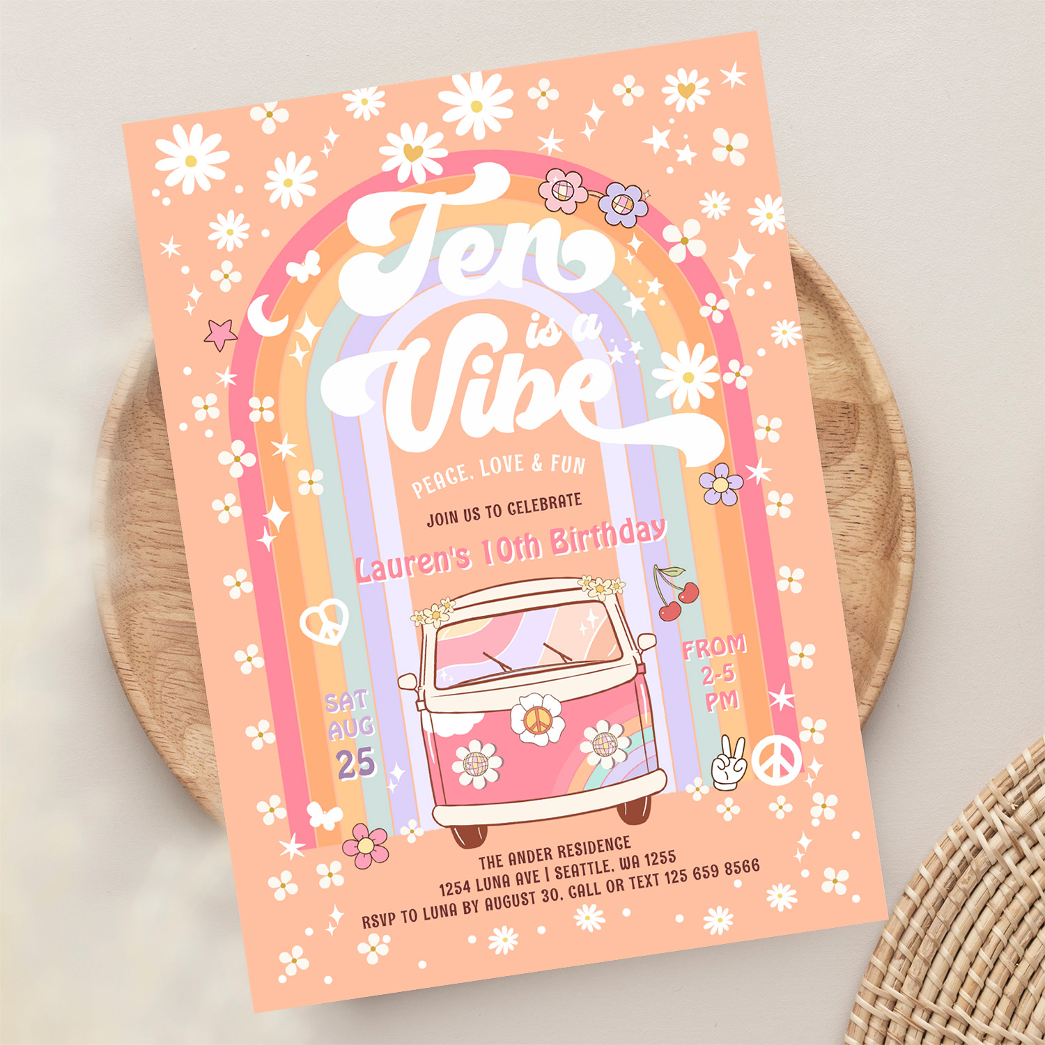 Ten Is A Vibe Daisy Groovy Van 10th Birthday Invitation - Image 13