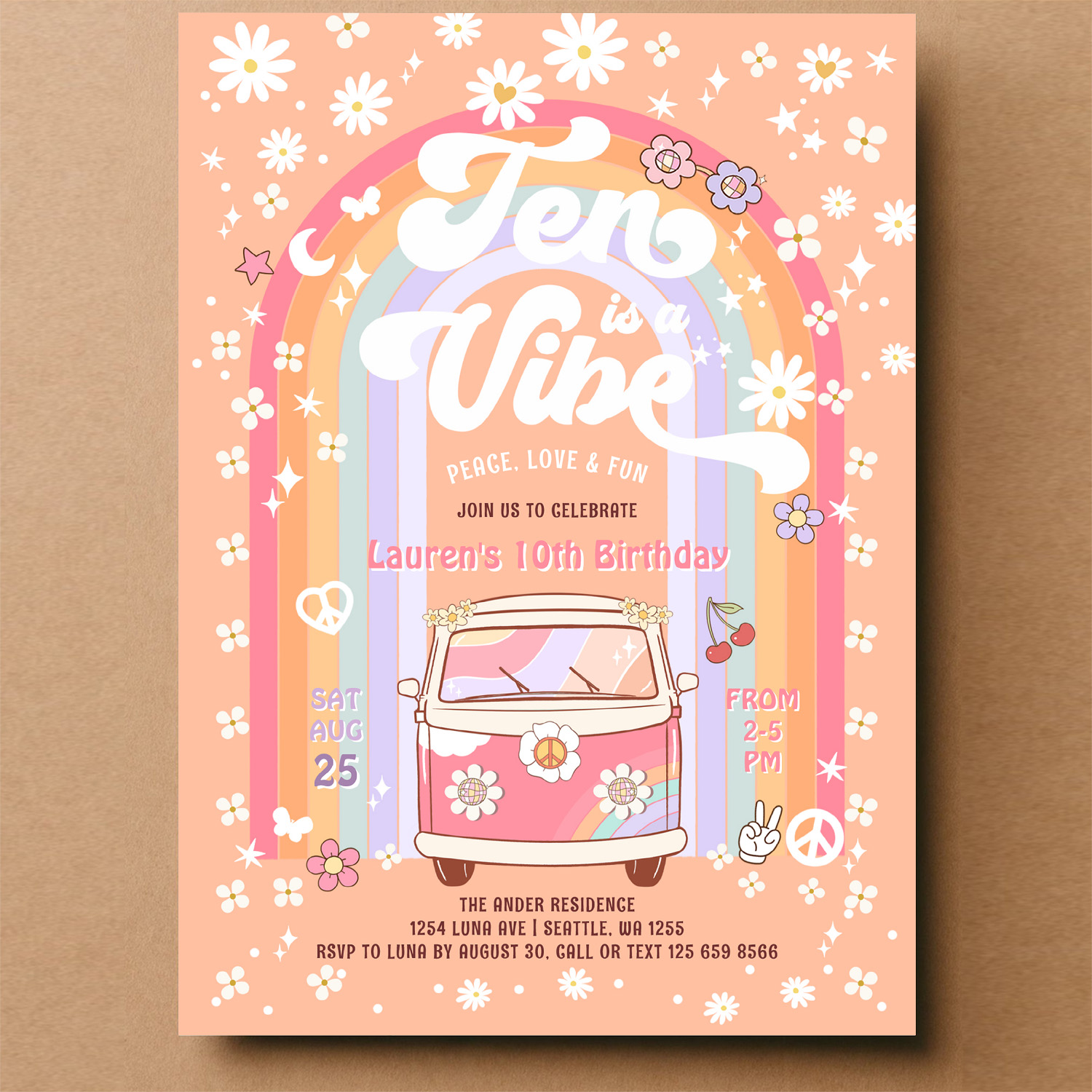 Ten Is A Vibe Daisy Groovy Van 10th Birthday Invitation - Image 14