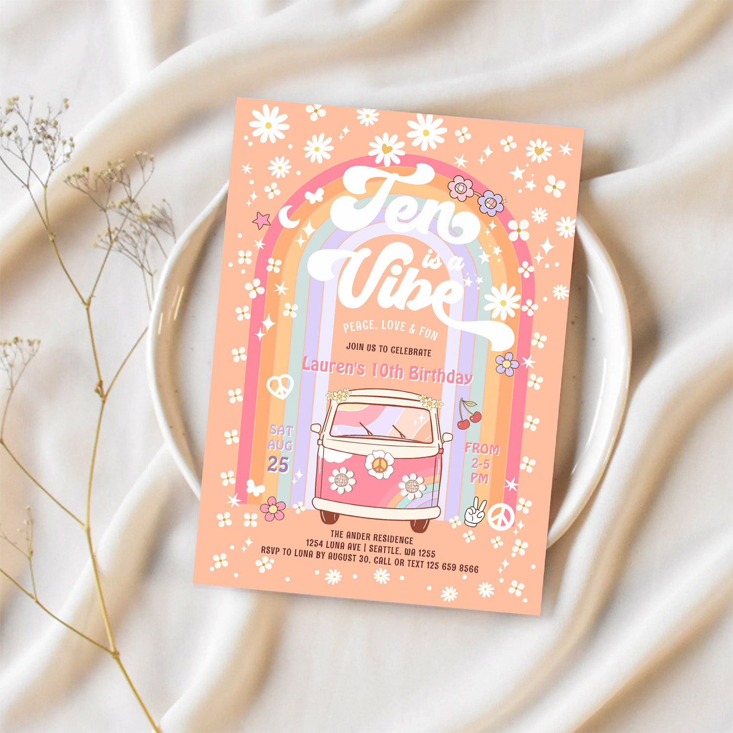 Ten Is A Vibe Daisy Groovy Van 10th Birthday Invitation - Image 2