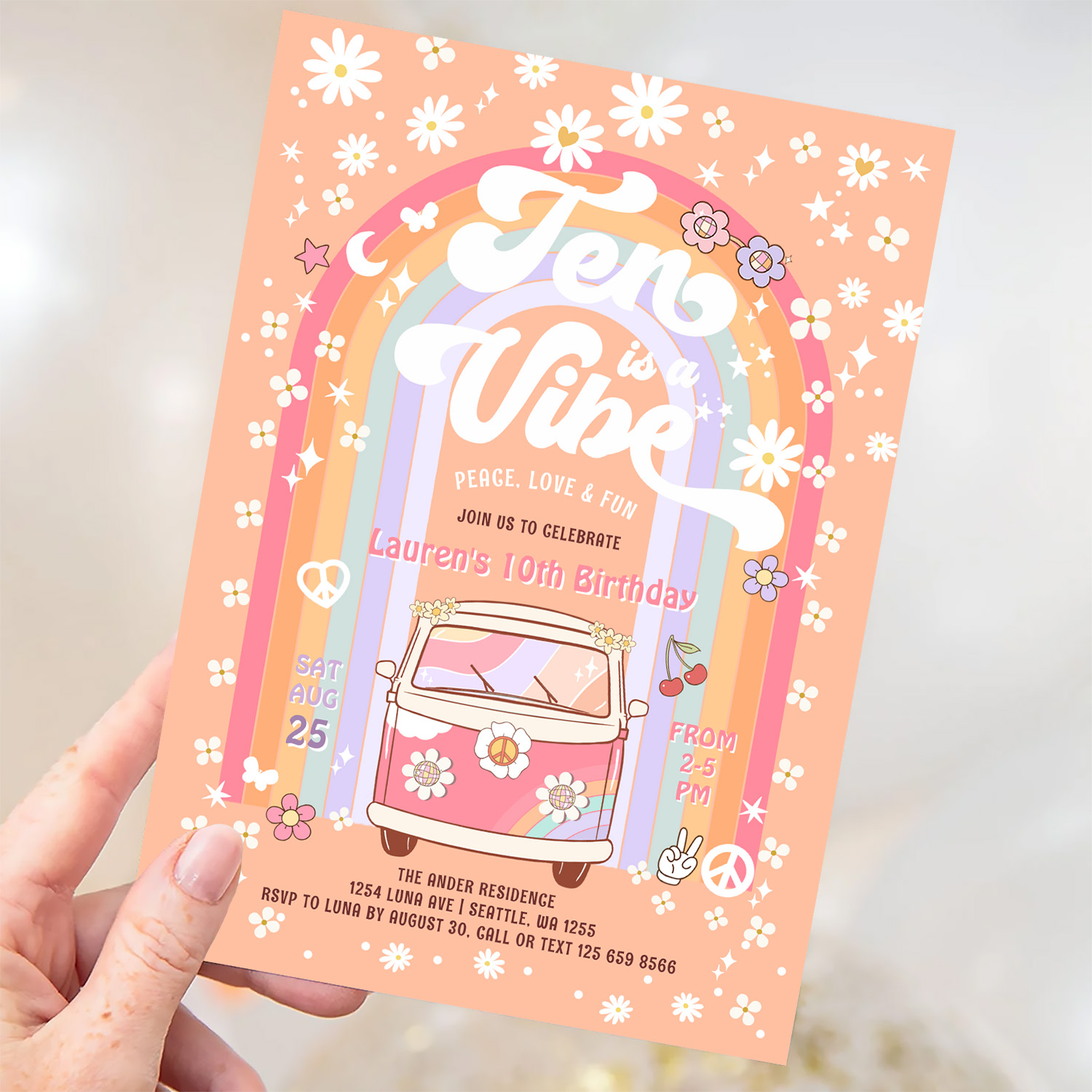 Ten Is A Vibe Daisy Groovy Van 10th Birthday Invitation - Image 3