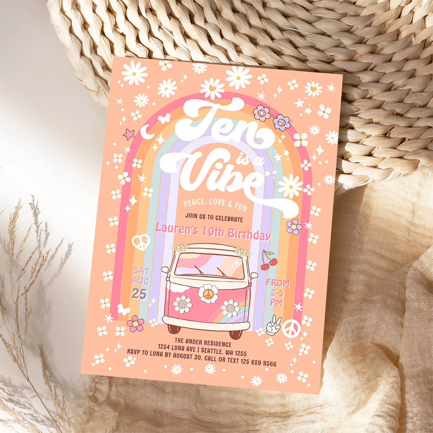 Ten Is A Vibe Daisy Groovy Van 10th Birthday Invitation - Image 4