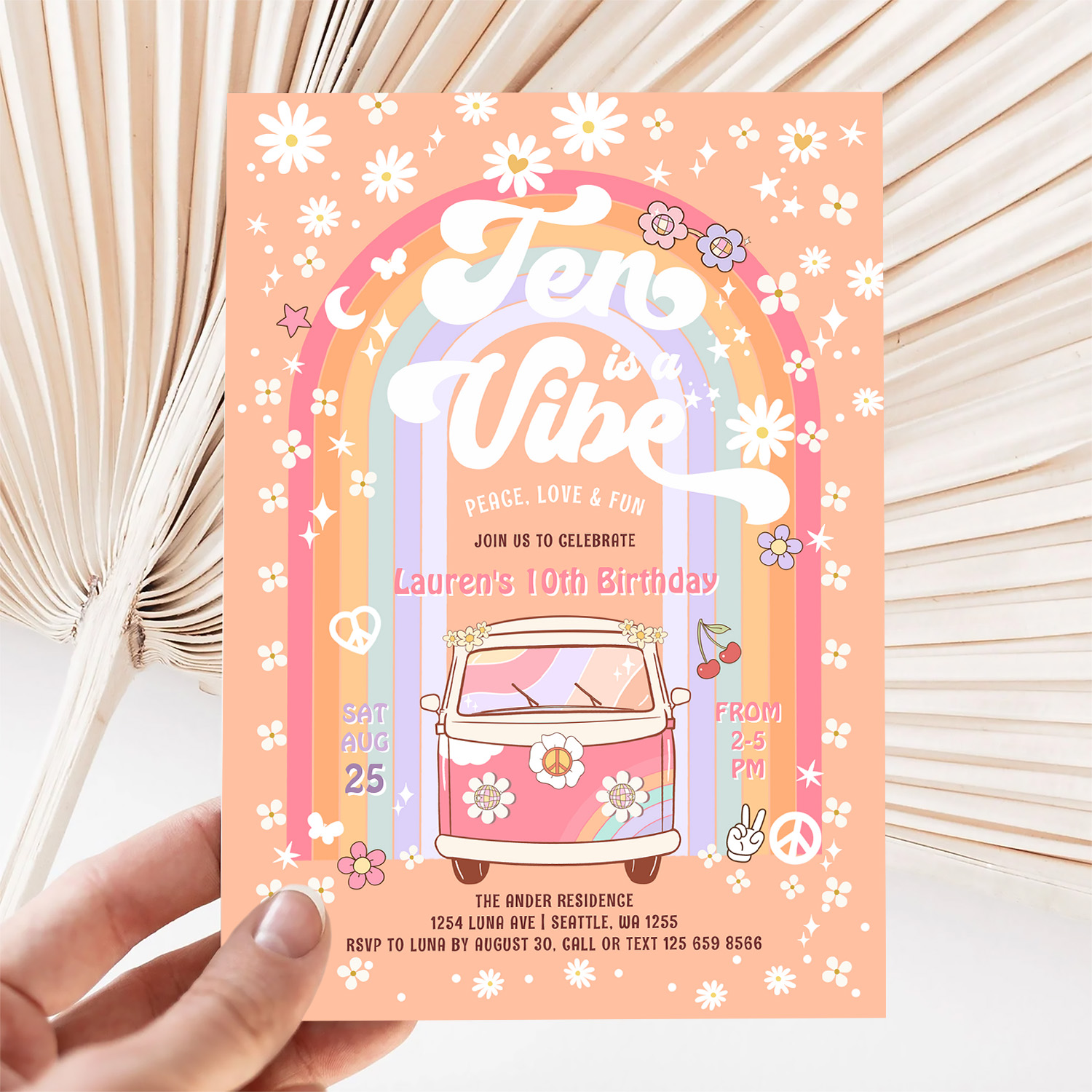 Ten Is A Vibe Daisy Groovy Van 10th Birthday Invitation - Image 5