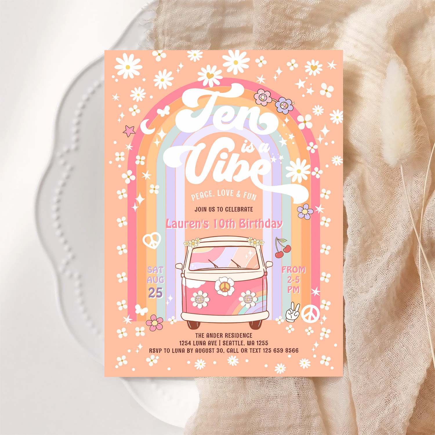 Ten Is A Vibe Daisy Groovy Van 10th Birthday Invitation - Image 6