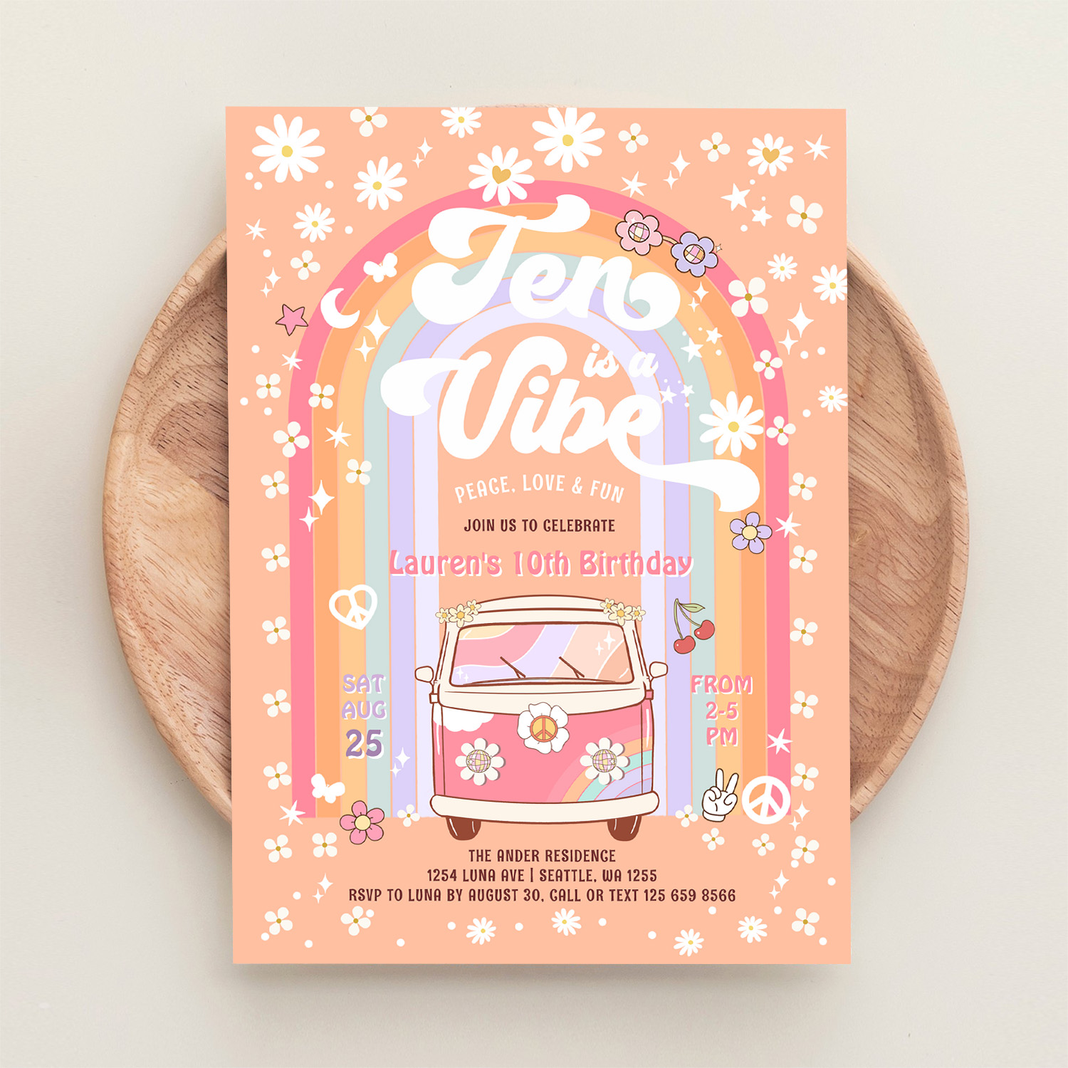 Ten Is A Vibe Daisy Groovy Van 10th Birthday Invitation - Image 7