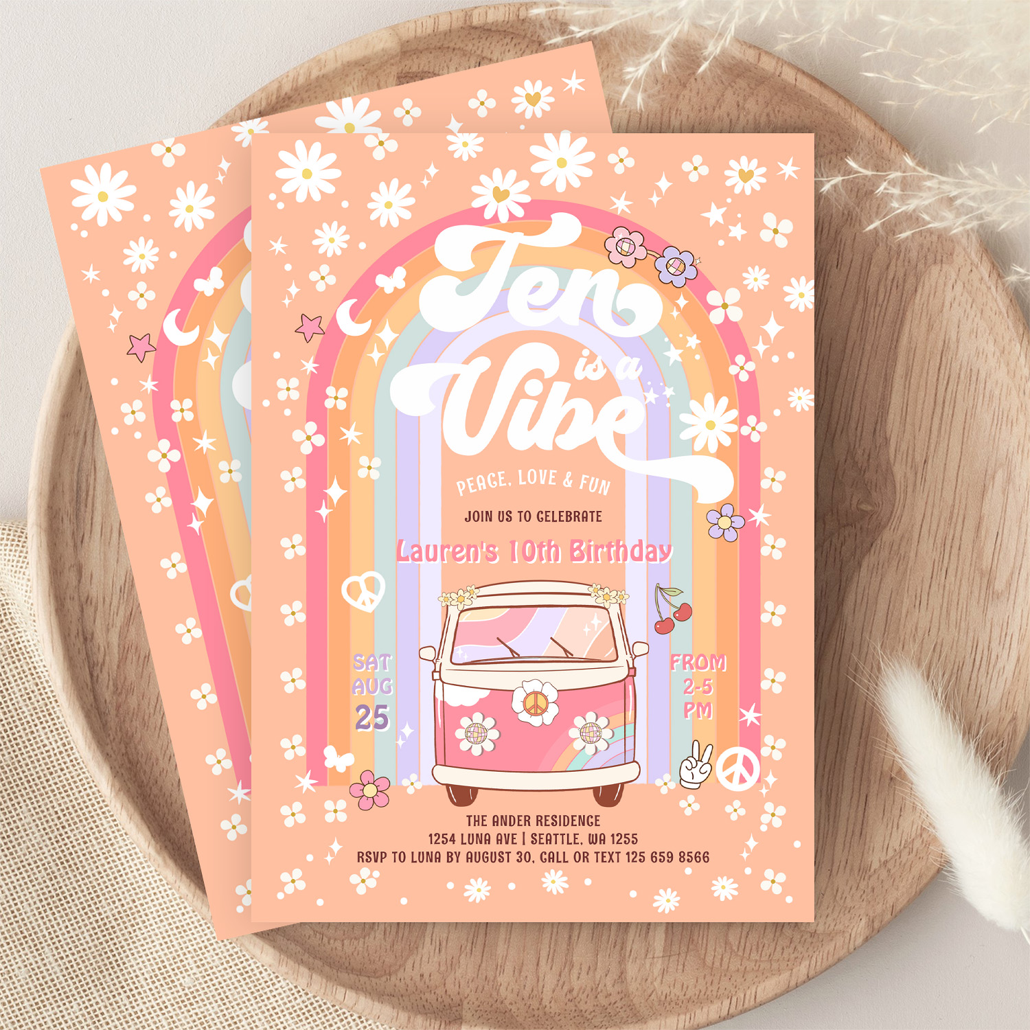 Ten Is A Vibe Daisy Groovy Van 10th Birthday Invitation - Image 9