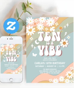 Ten Is A Vibe Daisy Hippie 70S Retro Birthday Invitation