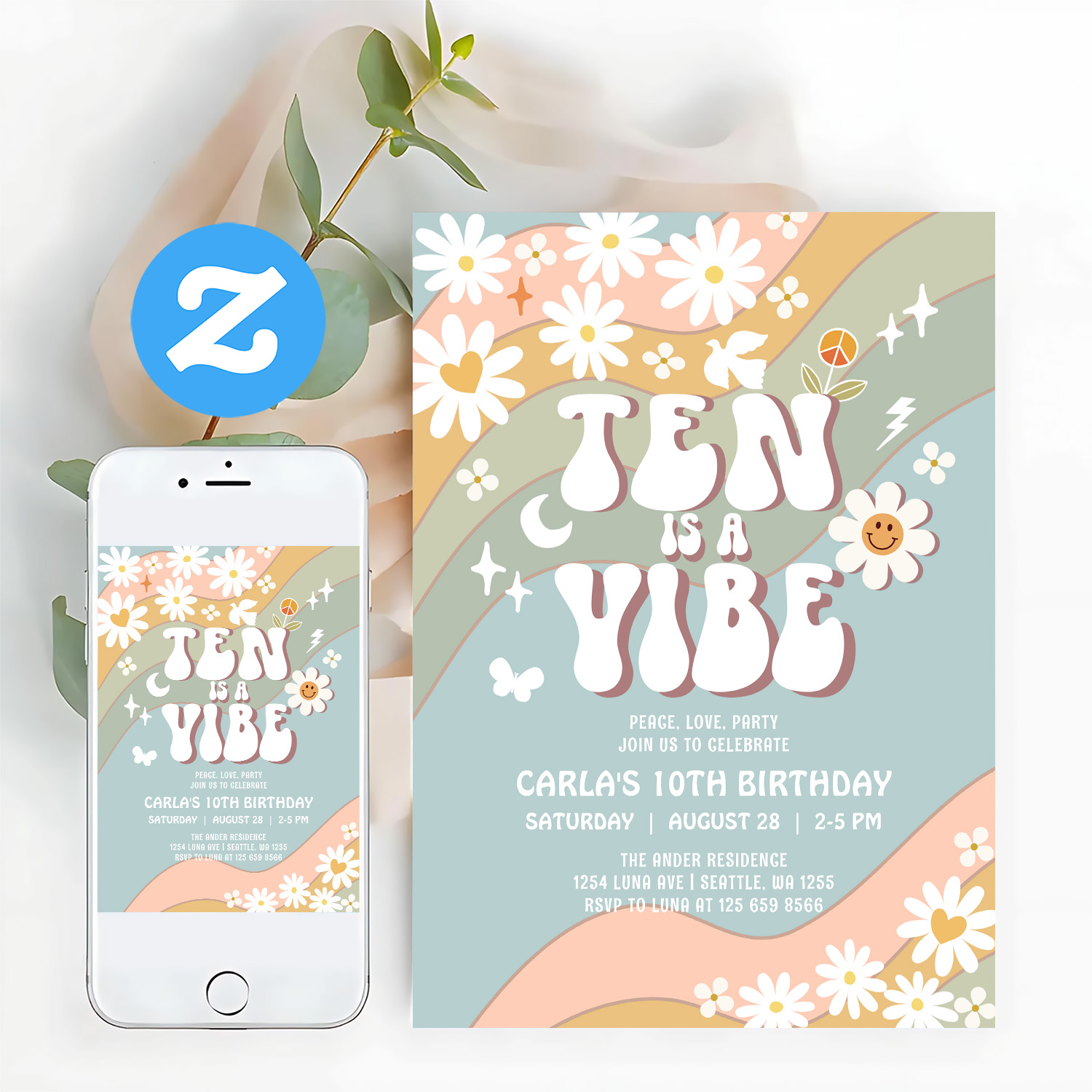 Ten Is A Vibe Daisy Hippie 70S Retro Birthday Invitation