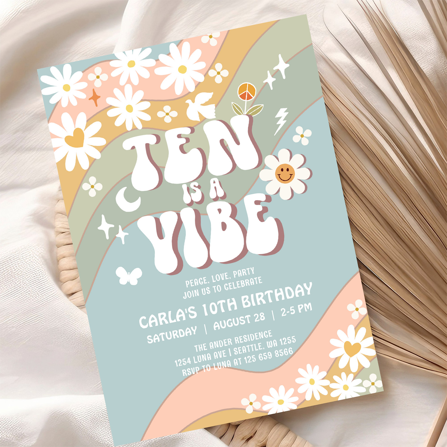 Ten Is A Vibe Daisy Hippie 70S Retro Birthday Invitation - Image 10