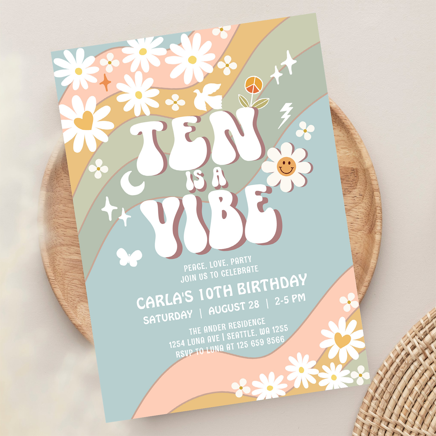 Ten Is A Vibe Daisy Hippie 70S Retro Birthday Invitation - Image 13