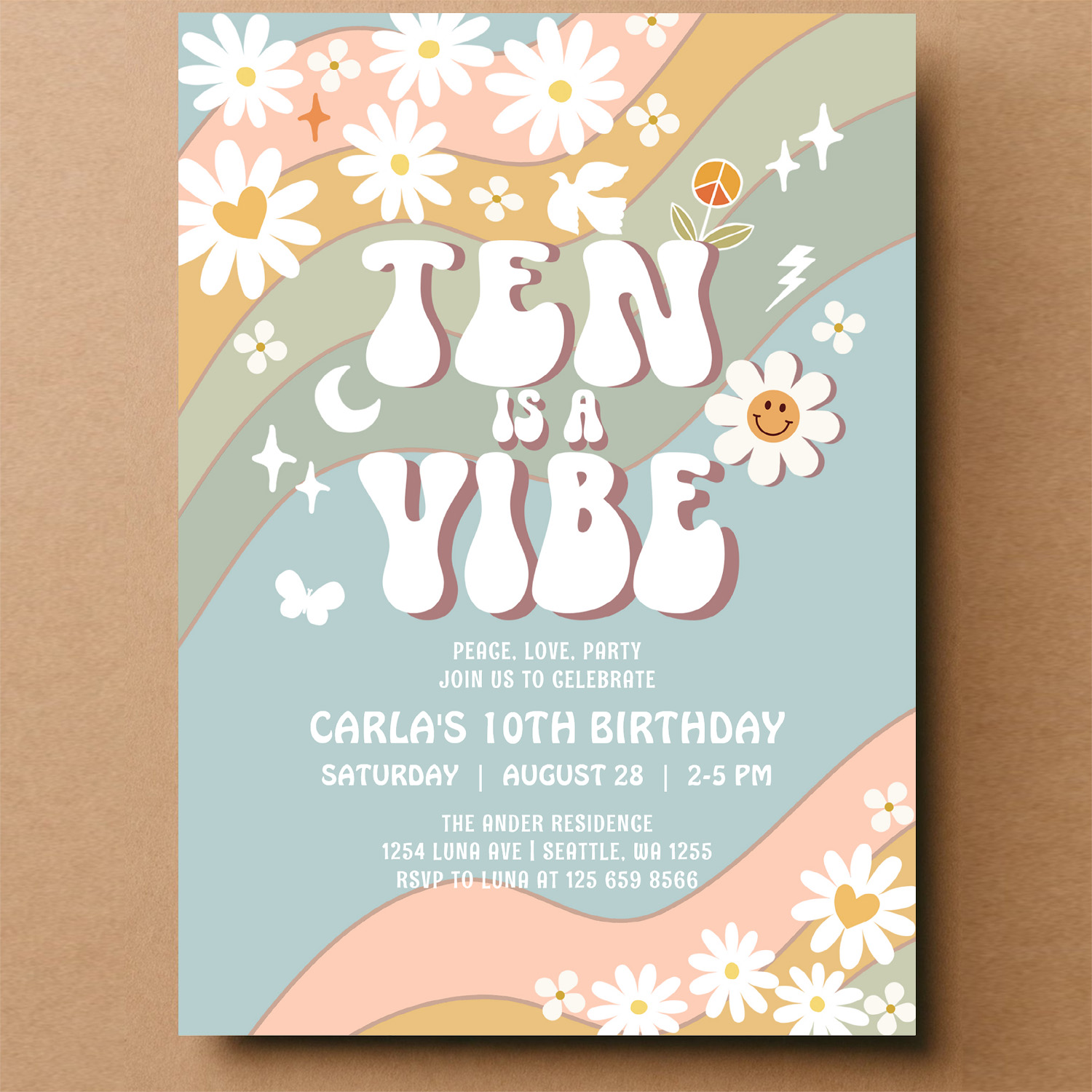 Ten Is A Vibe Daisy Hippie 70S Retro Birthday Invitation - Image 14