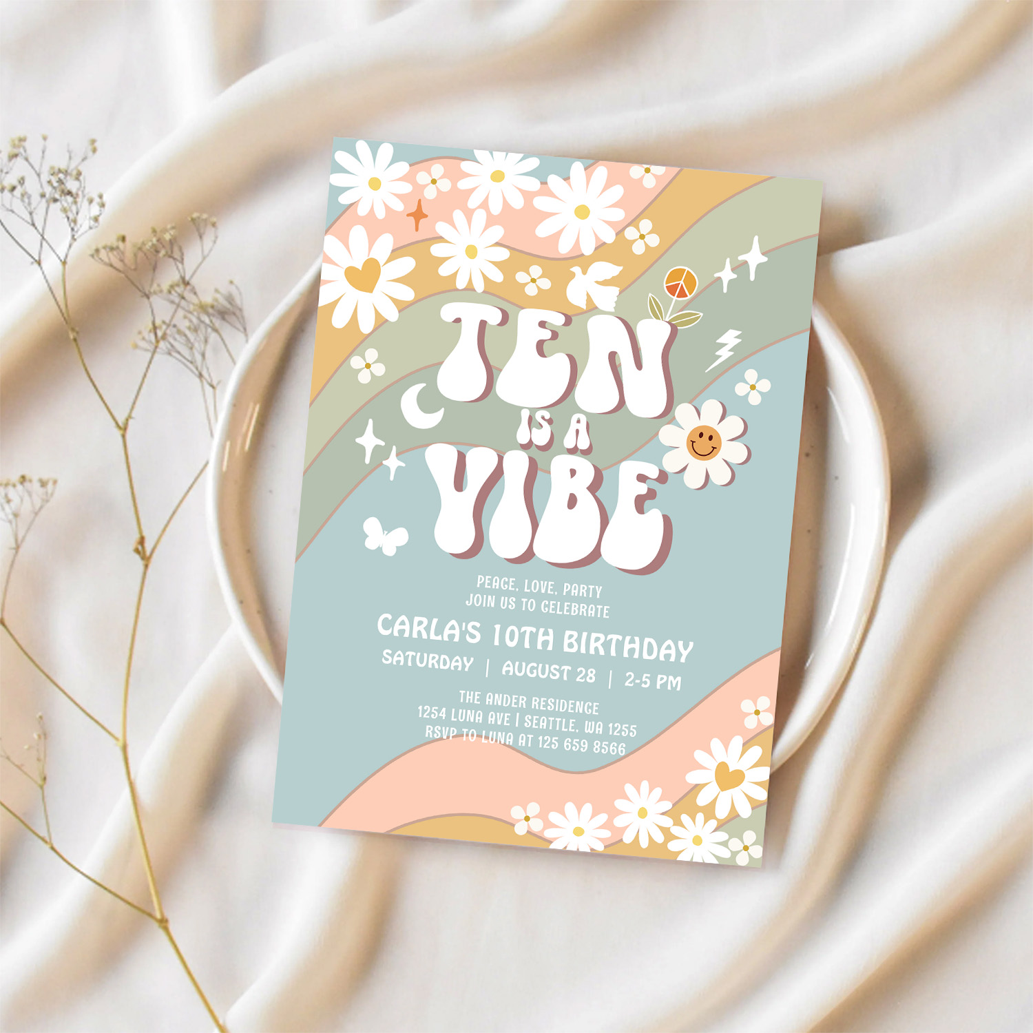 Ten Is A Vibe Daisy Hippie 70S Retro Birthday Invitation - Image 2