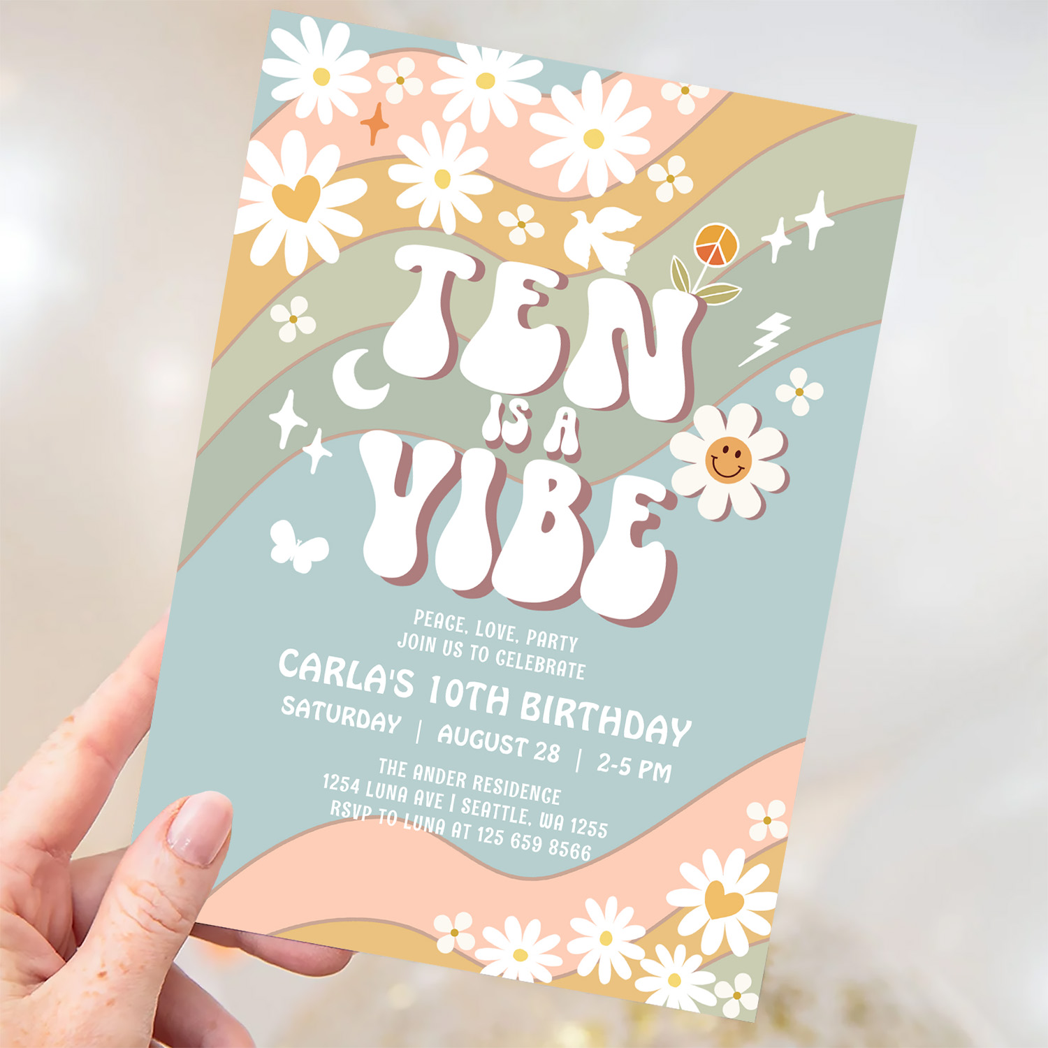 Ten Is A Vibe Daisy Hippie 70S Retro Birthday Invitation - Image 3