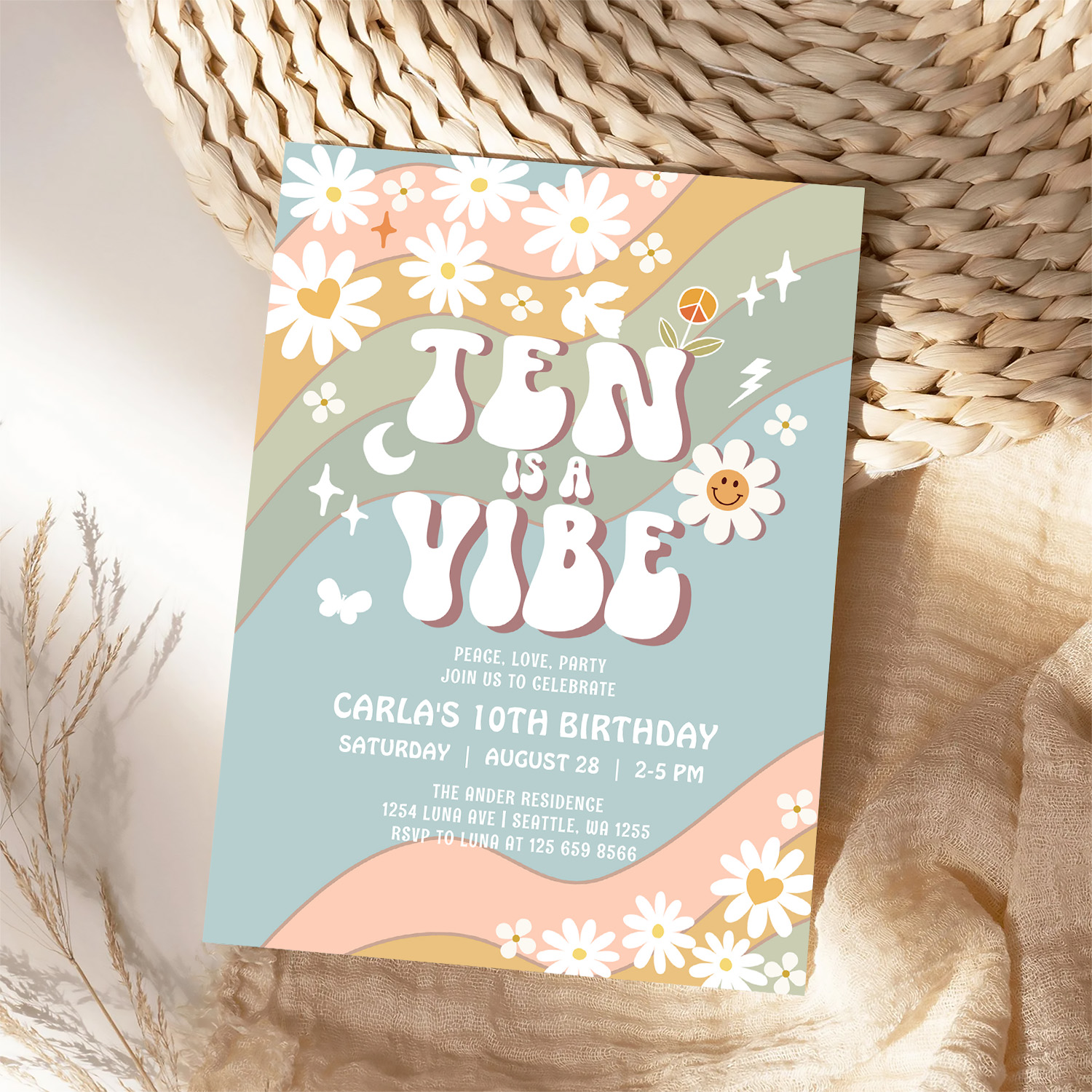 Ten Is A Vibe Daisy Hippie 70S Retro Birthday Invitation - Image 4