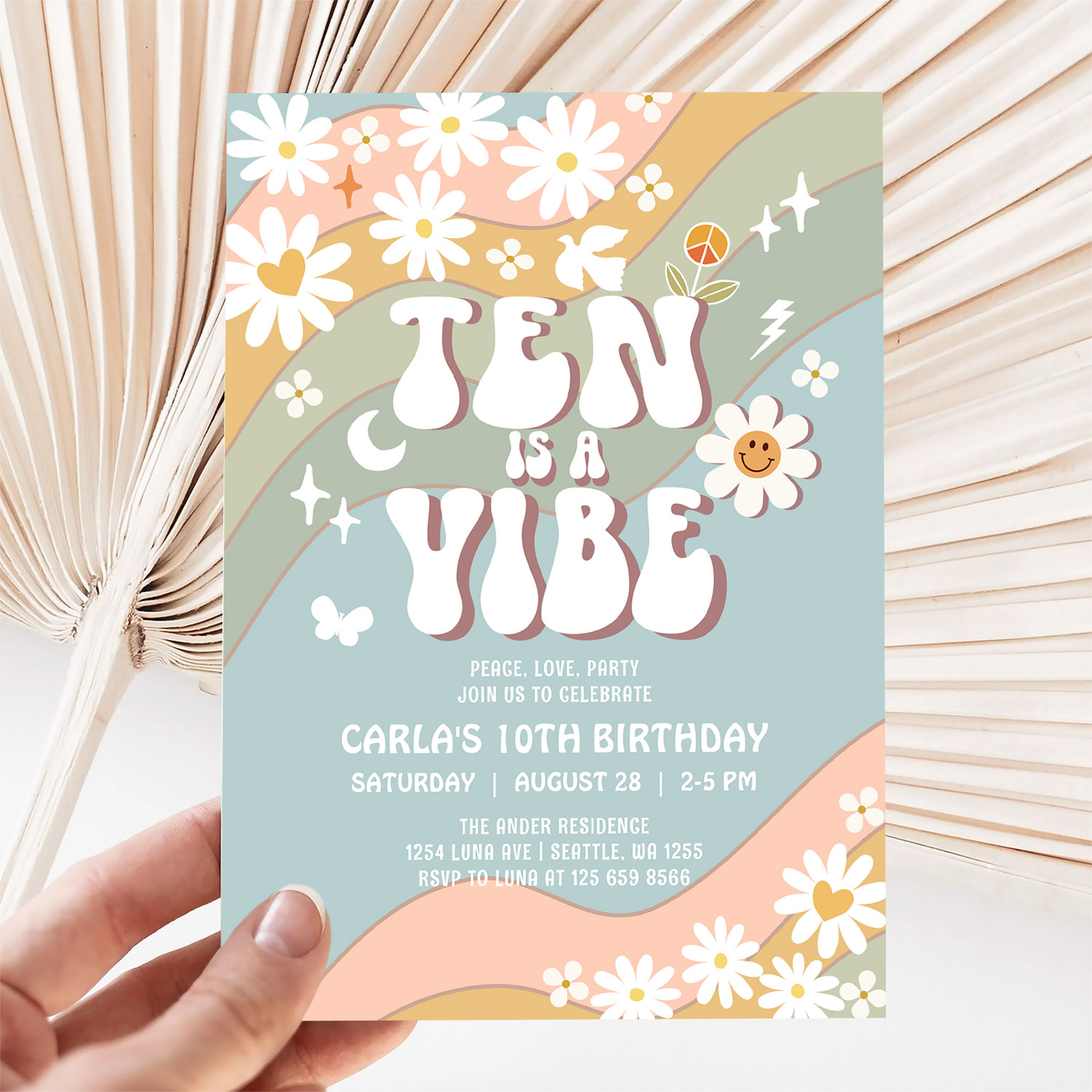 Ten Is A Vibe Daisy Hippie 70S Retro Birthday Invitation - Image 5
