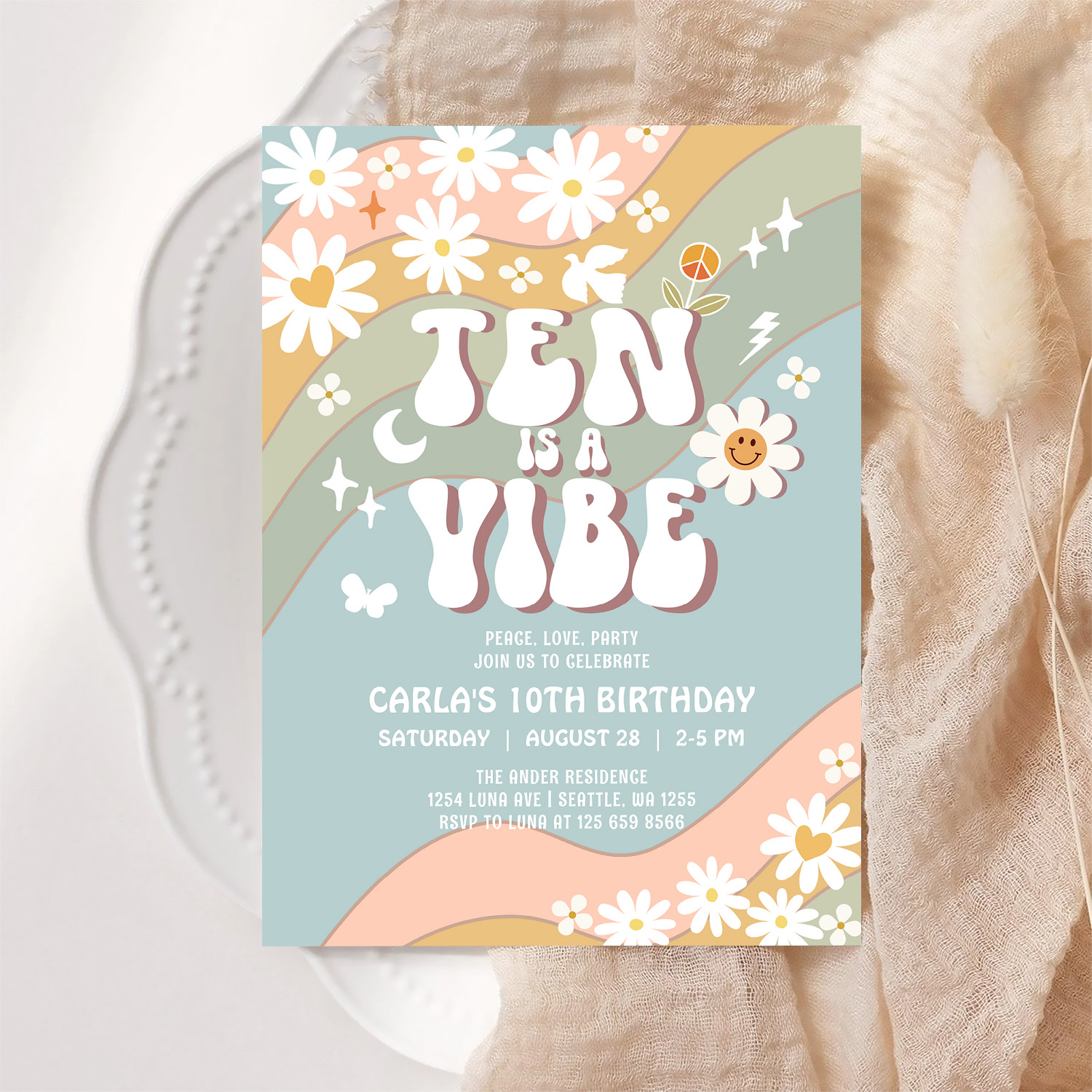 Ten Is A Vibe Daisy Hippie 70S Retro Birthday Invitation - Image 6