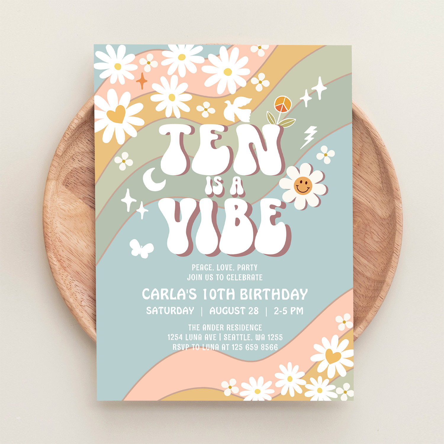 Ten Is A Vibe Daisy Hippie 70S Retro Birthday Invitation - Image 7