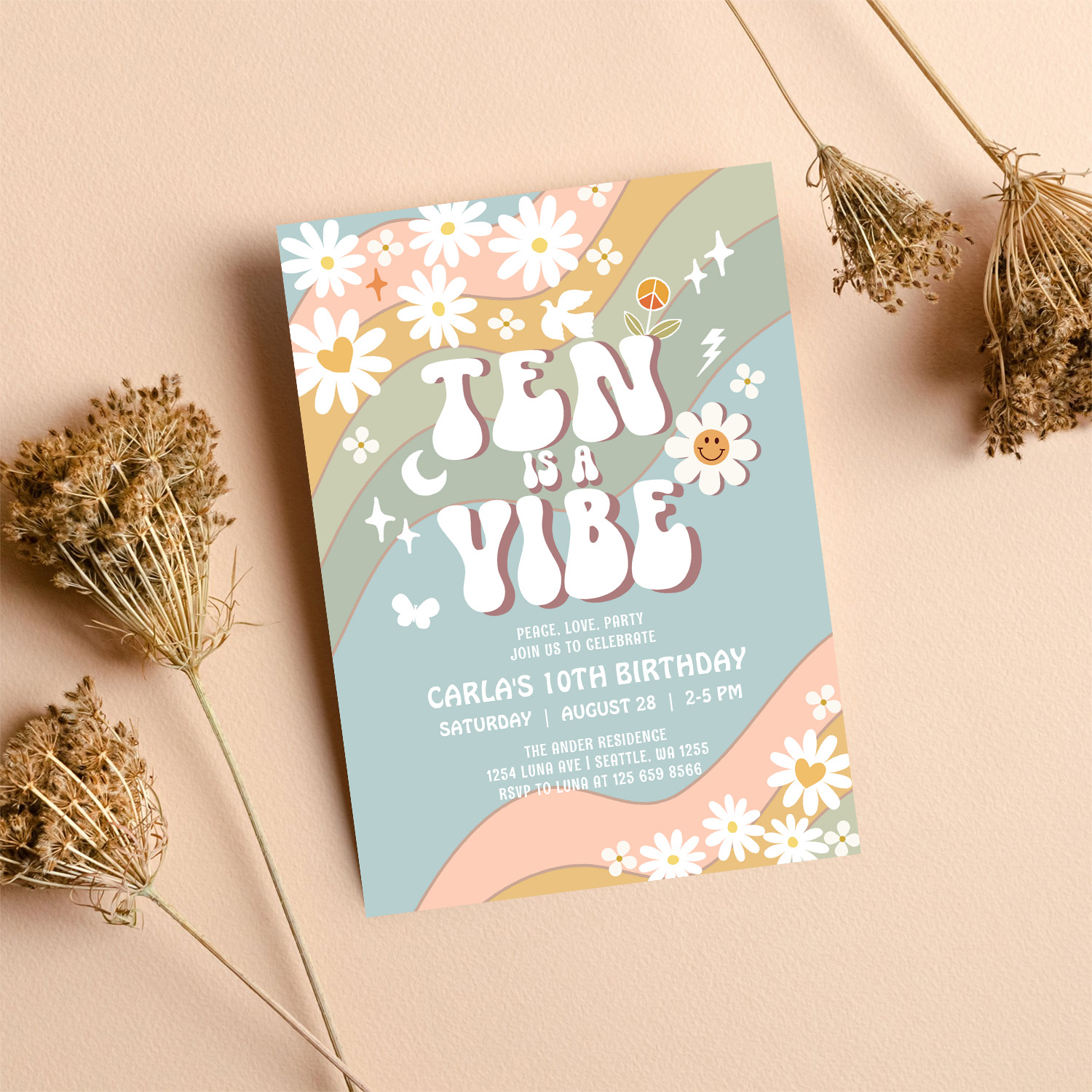 Ten Is A Vibe Daisy Hippie 70S Retro Birthday Invitation - Image 8