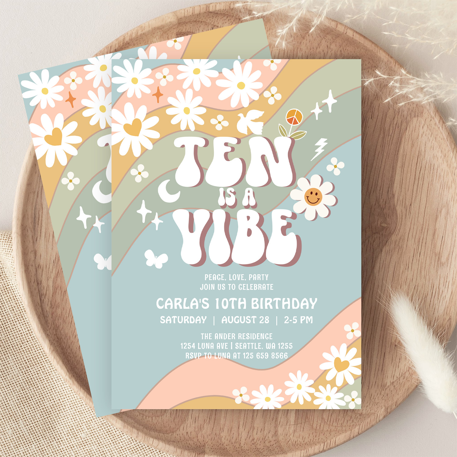 Ten Is A Vibe Daisy Hippie 70S Retro Birthday Invitation - Image 9