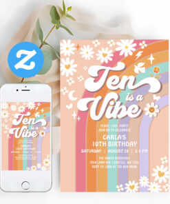 Ten Is A Vibe Daisy Rainbow Hippie Birthday Invitation