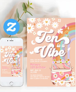 Ten Is A Vibe Groovy Daisy Rainbow 10th Birthday Invitation