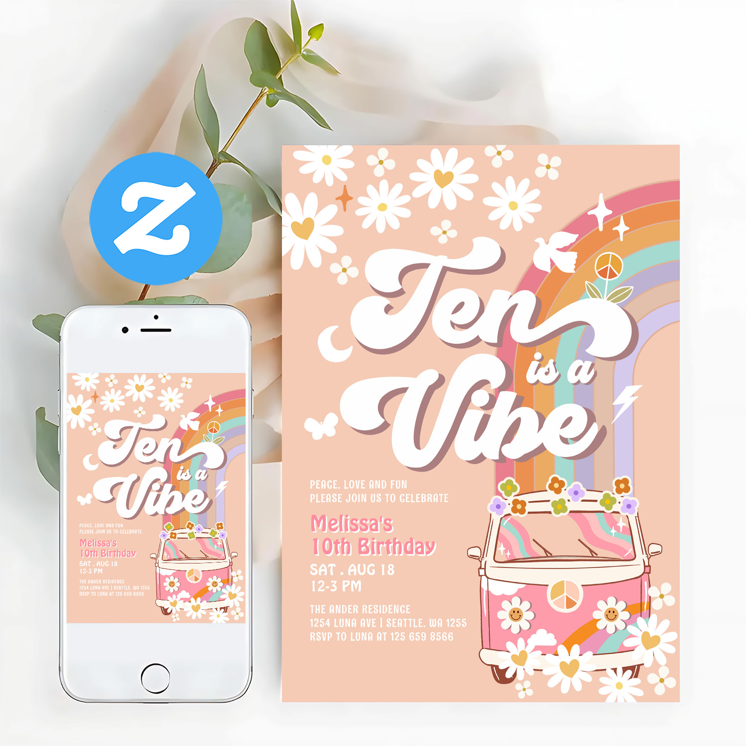 Ten Is A Vibe Groovy Daisy Rainbow 10th Birthday Invitation