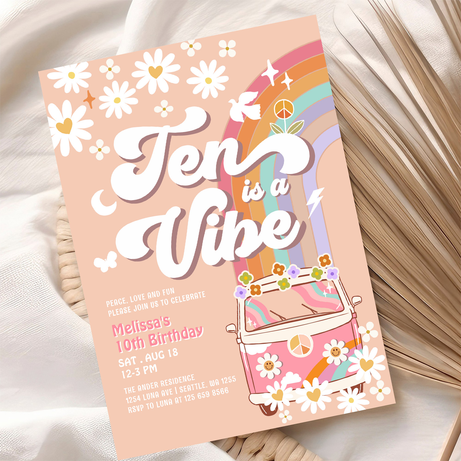 Ten Is A Vibe Groovy Daisy Rainbow 10th Birthday Invitation - Image 10