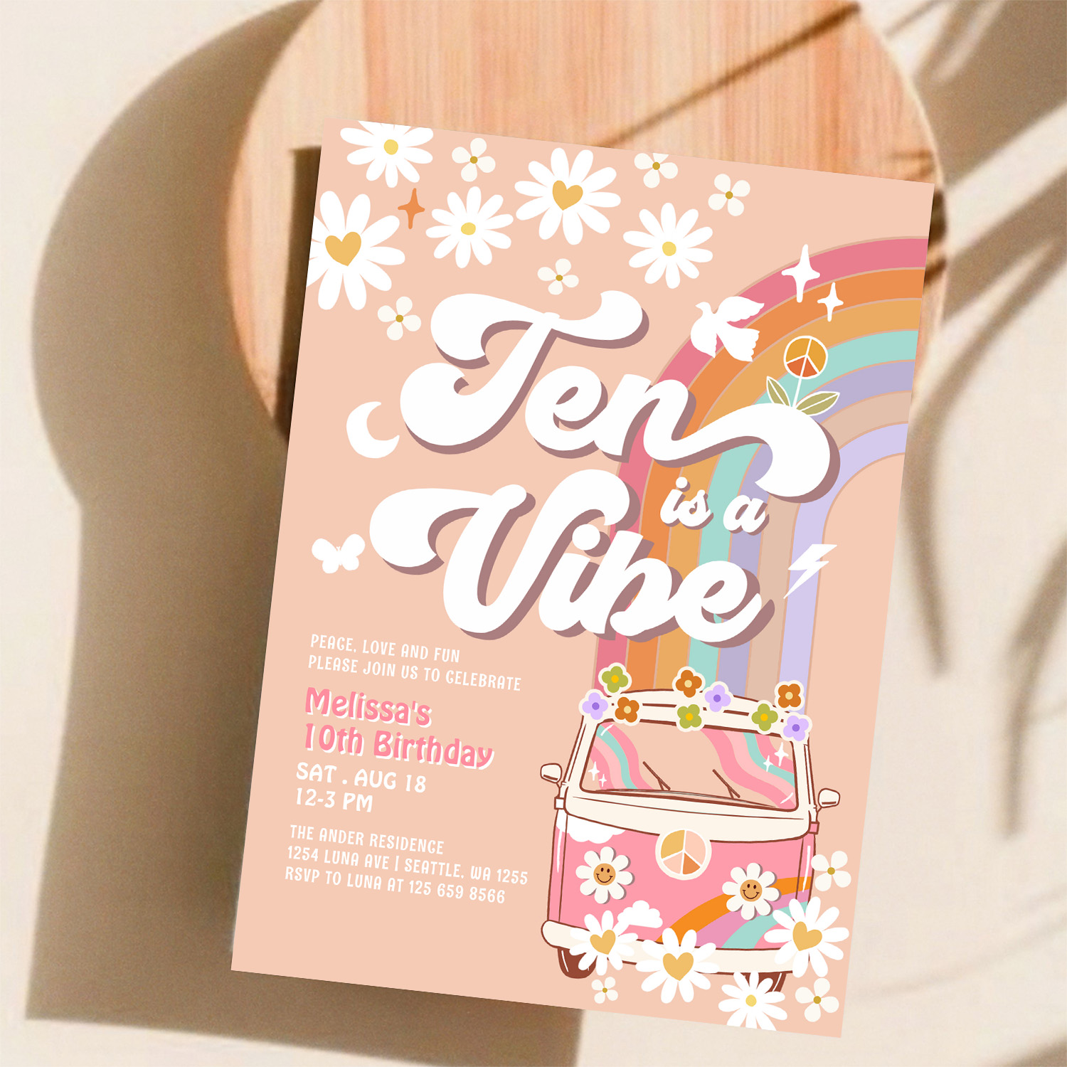 Ten Is A Vibe Groovy Daisy Rainbow 10th Birthday Invitation - Image 11