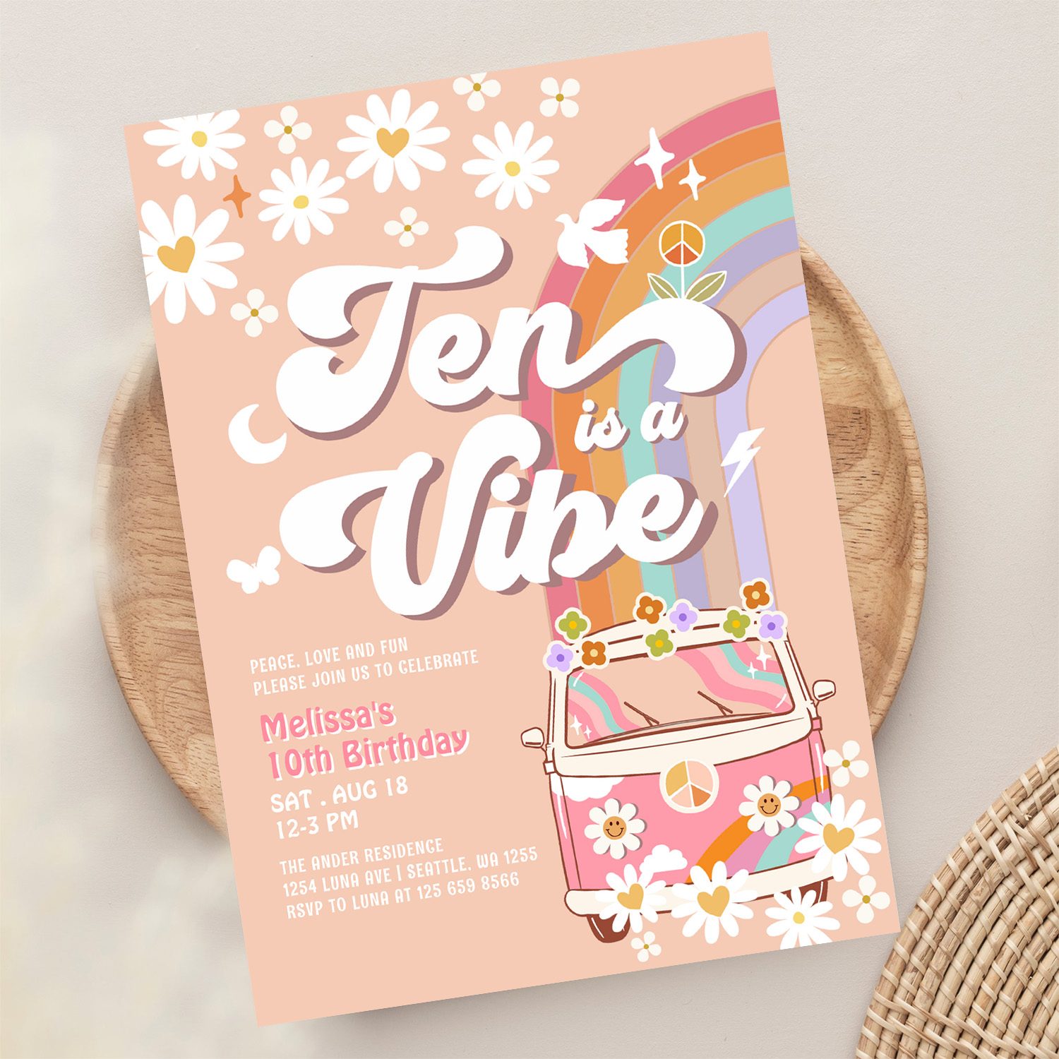 Ten Is A Vibe Groovy Daisy Rainbow 10th Birthday Invitation - Image 13