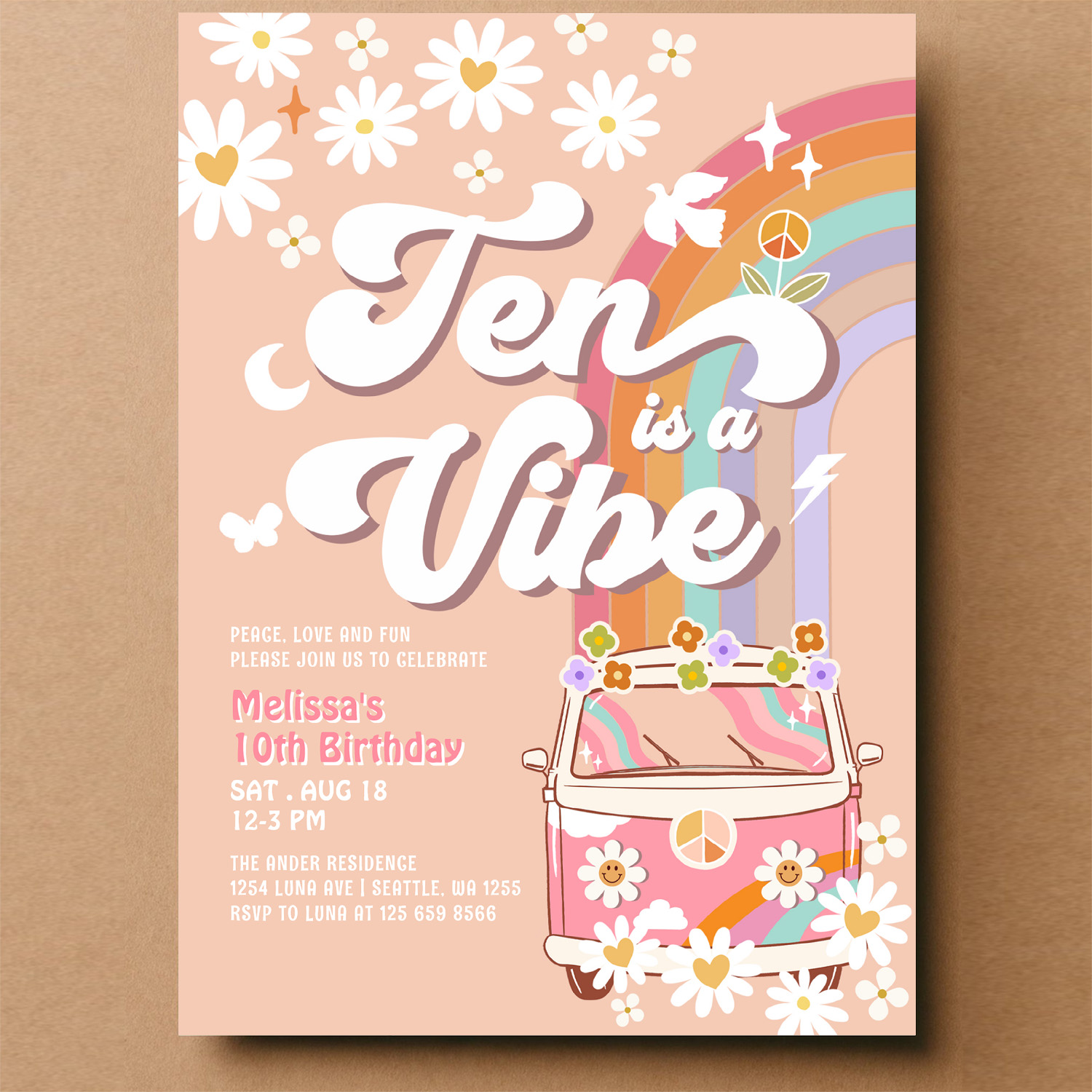 Ten Is A Vibe Groovy Daisy Rainbow 10th Birthday Invitation - Image 14