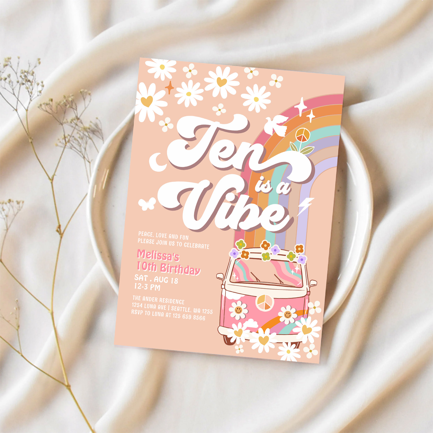 Ten Is A Vibe Groovy Daisy Rainbow 10th Birthday Invitation - Image 2