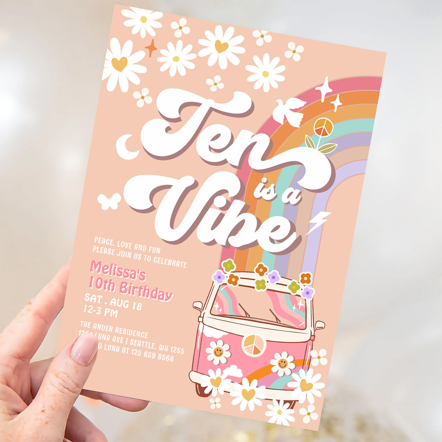 Ten Is A Vibe Groovy Daisy Rainbow 10th Birthday Invitation - Image 3