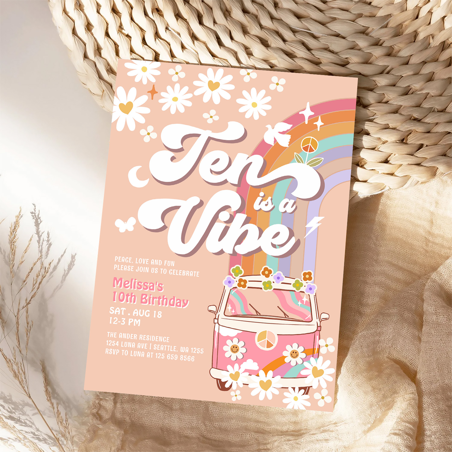 Ten Is A Vibe Groovy Daisy Rainbow 10th Birthday Invitation - Image 4