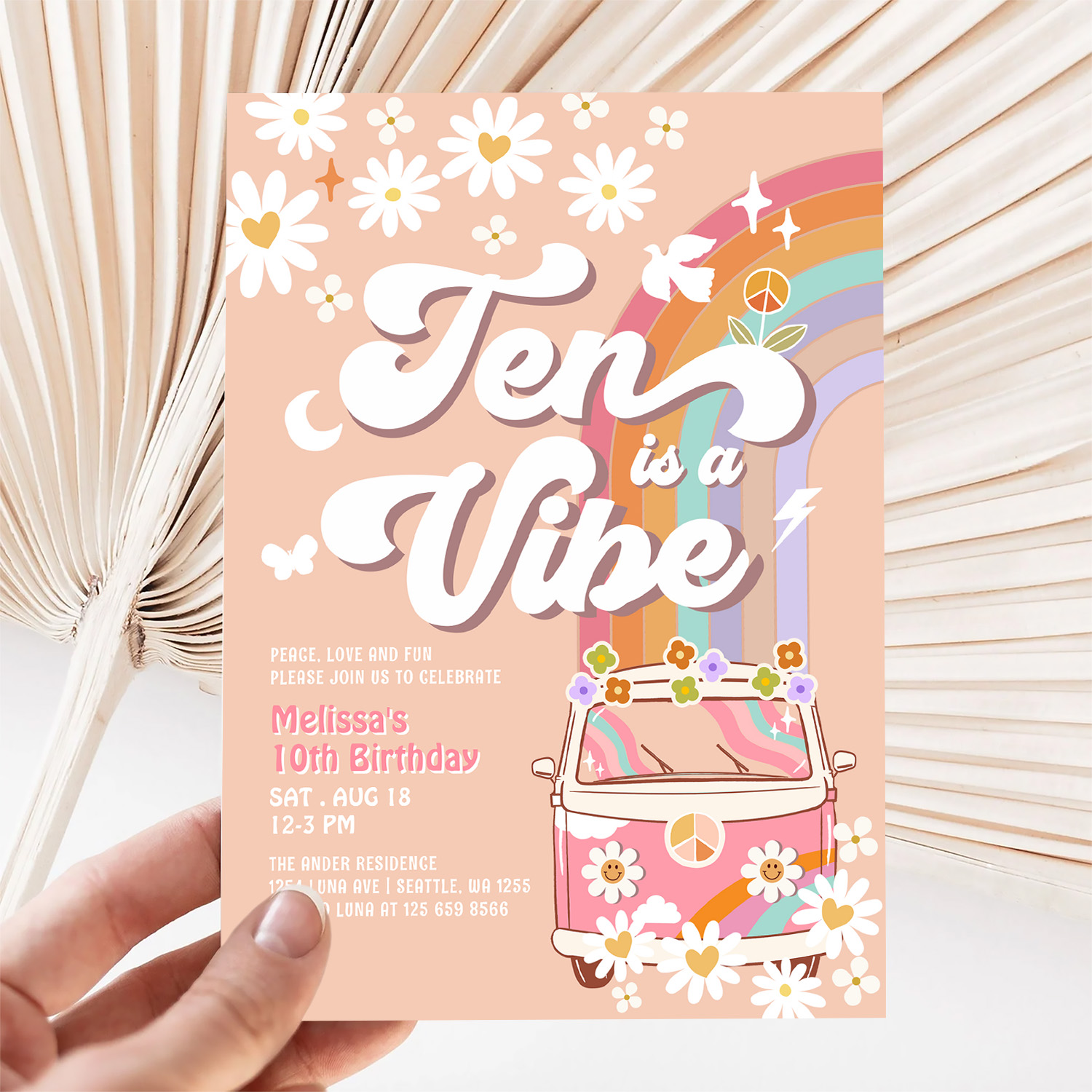 Ten Is A Vibe Groovy Daisy Rainbow 10th Birthday Invitation - Image 5