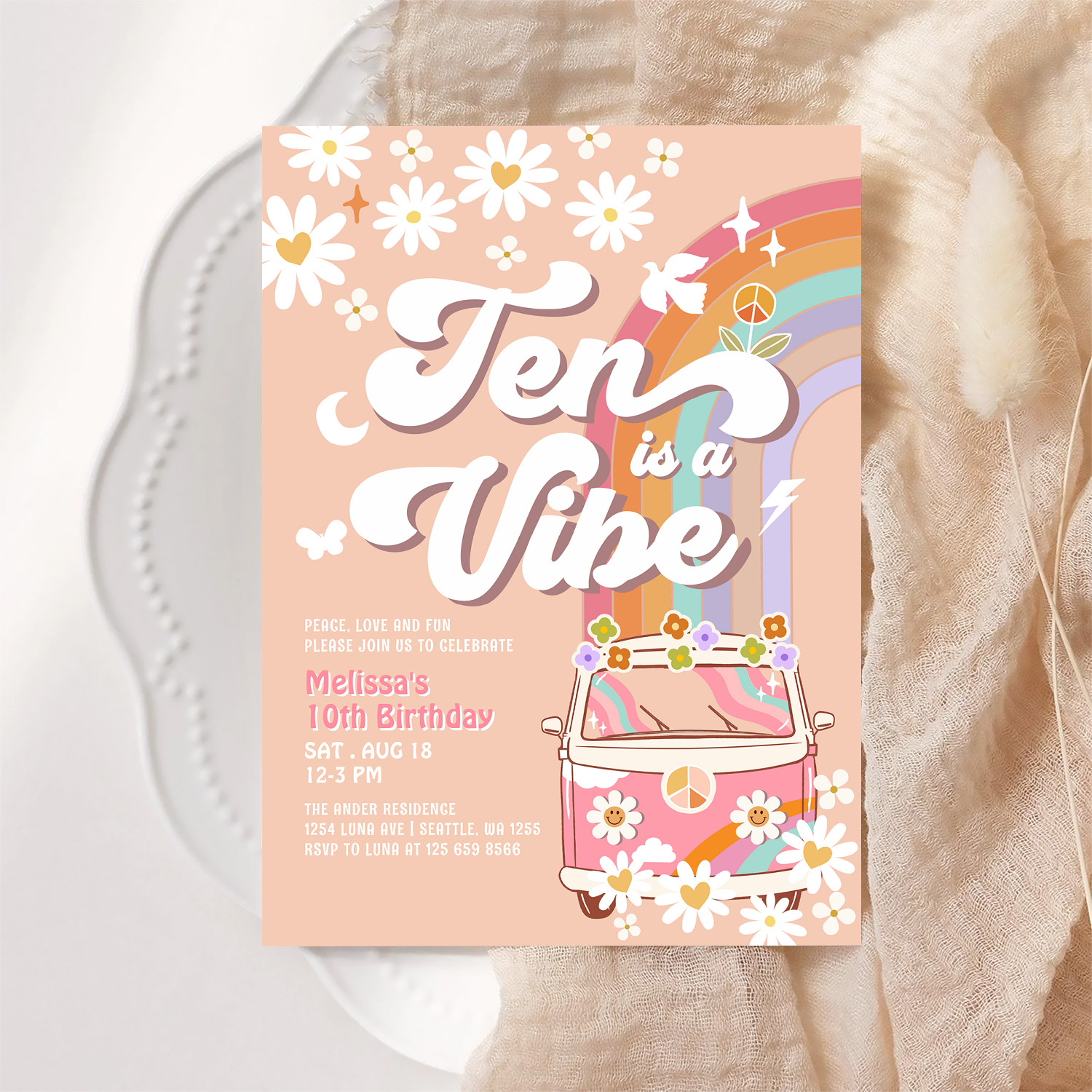 Ten Is A Vibe Groovy Daisy Rainbow 10th Birthday Invitation - Image 6