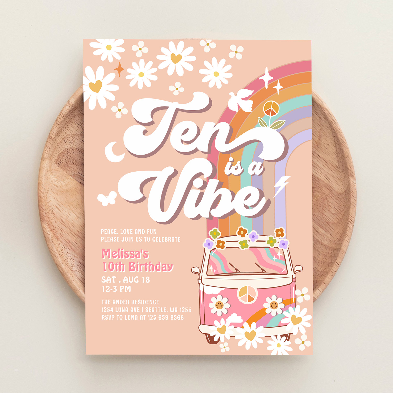 Ten Is A Vibe Groovy Daisy Rainbow 10th Birthday Invitation - Image 7