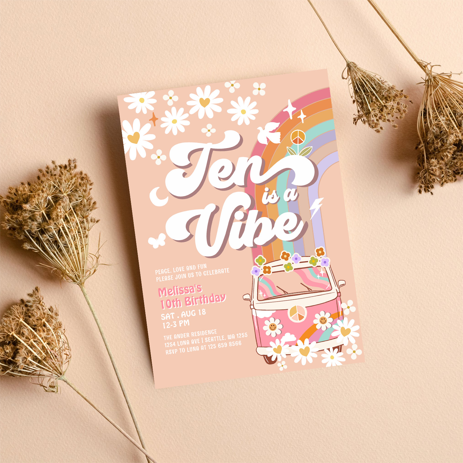 Ten Is A Vibe Groovy Daisy Rainbow 10th Birthday Invitation - Image 8
