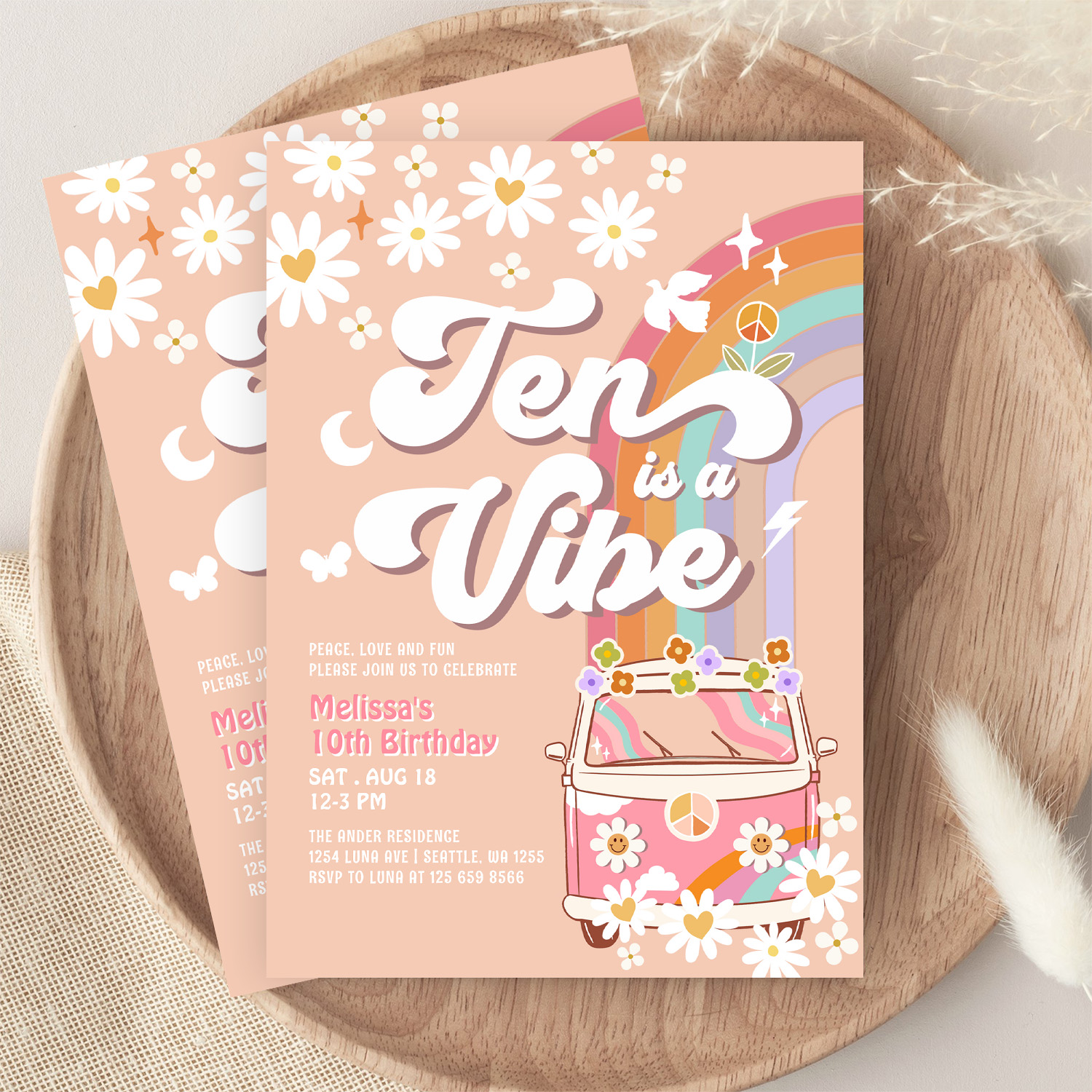 Ten Is A Vibe Groovy Daisy Rainbow 10th Birthday Invitation - Image 9