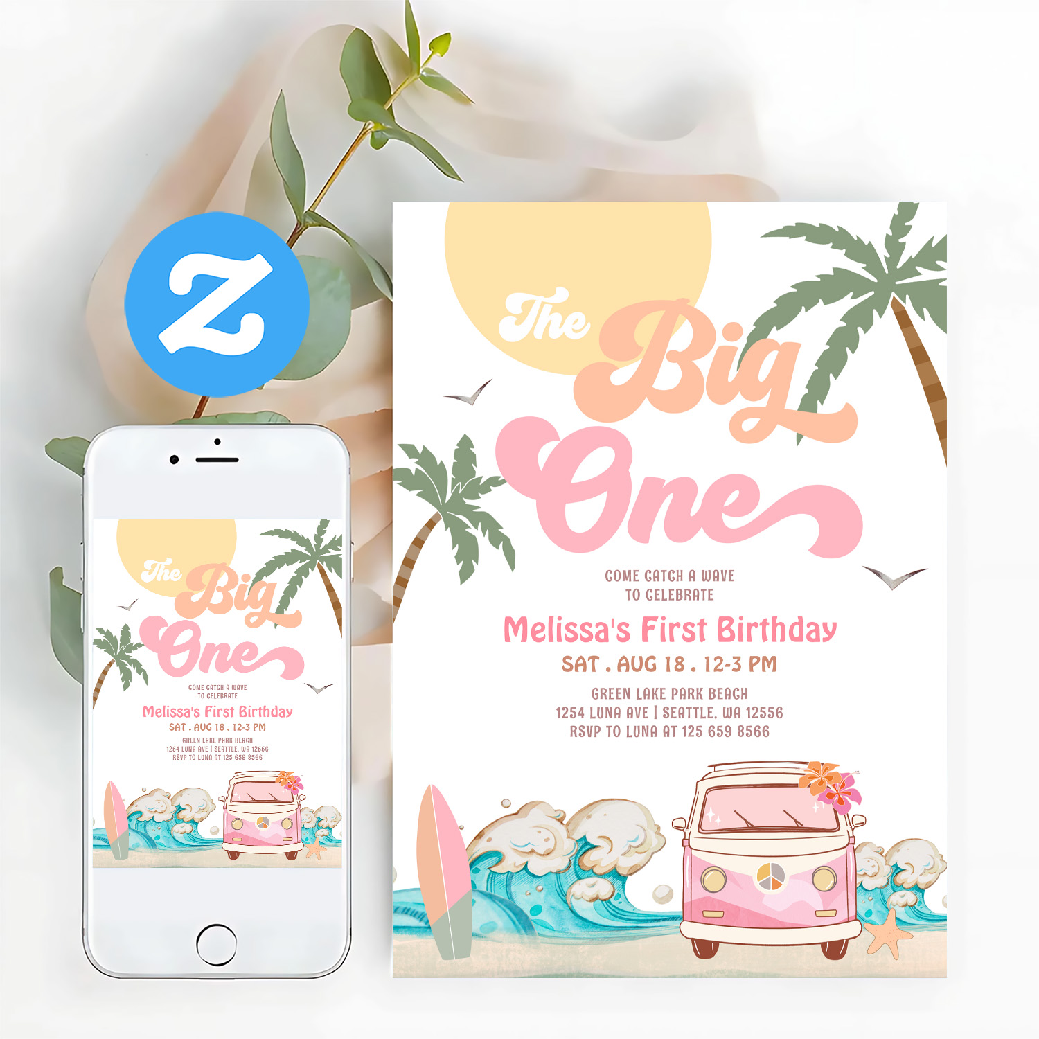 The Big One Surfing 1st Birthday Party Invitation