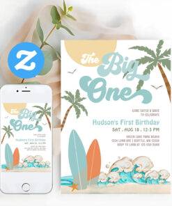 The Big One Surfing Boy 1st Birthday Beach Party Invitation