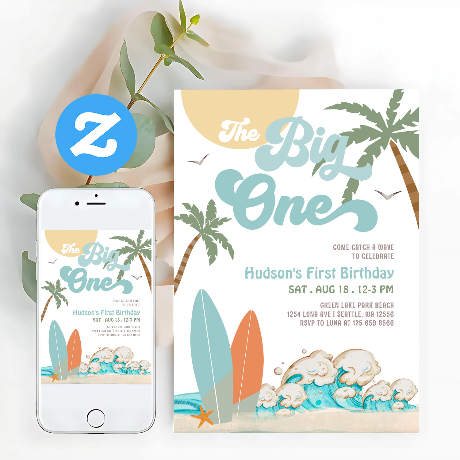 The Big One Surfing Boy 1st Birthday Beach Party Invitation