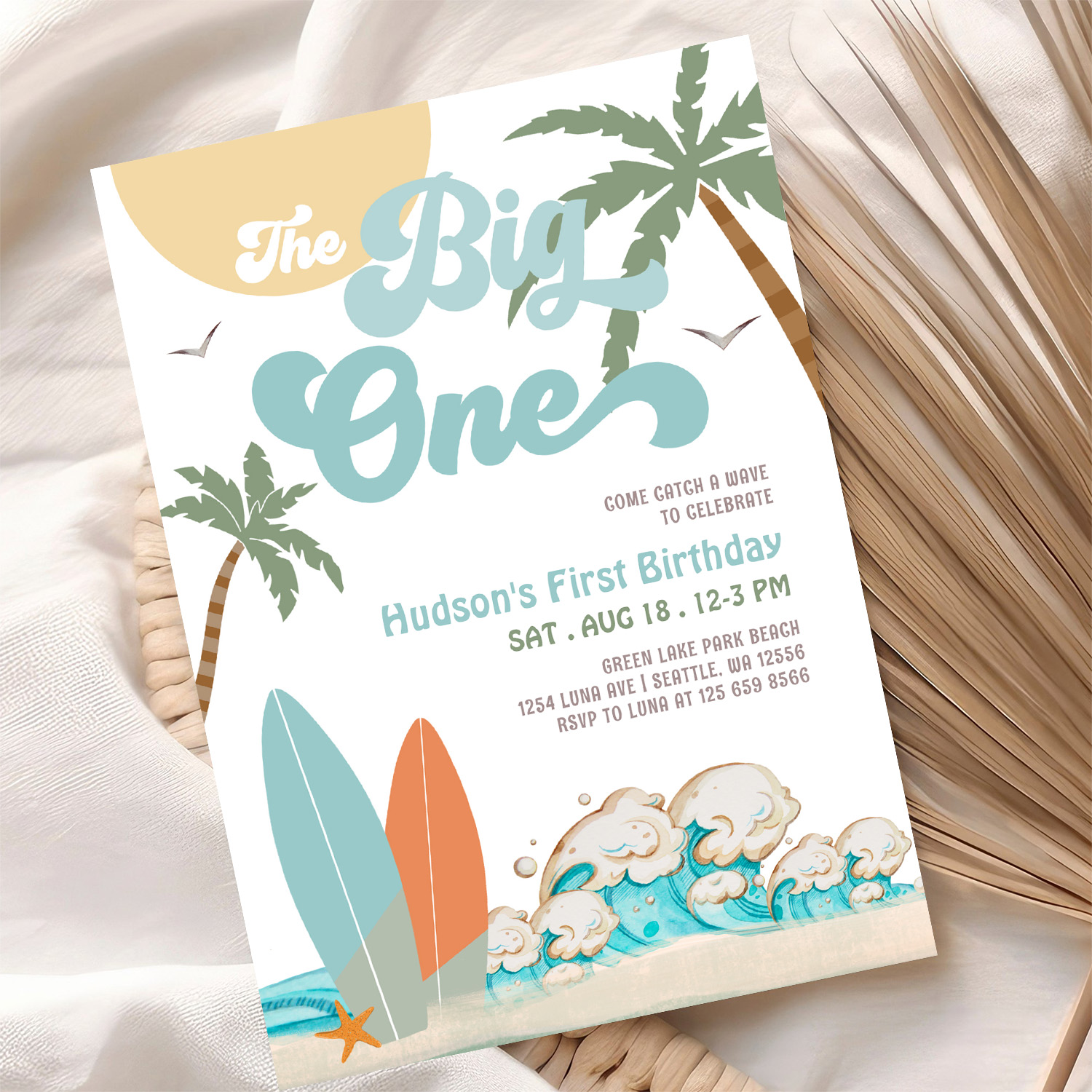 The Big One Surfing Boy 1st Birthday Beach Party Invitation - Image 10