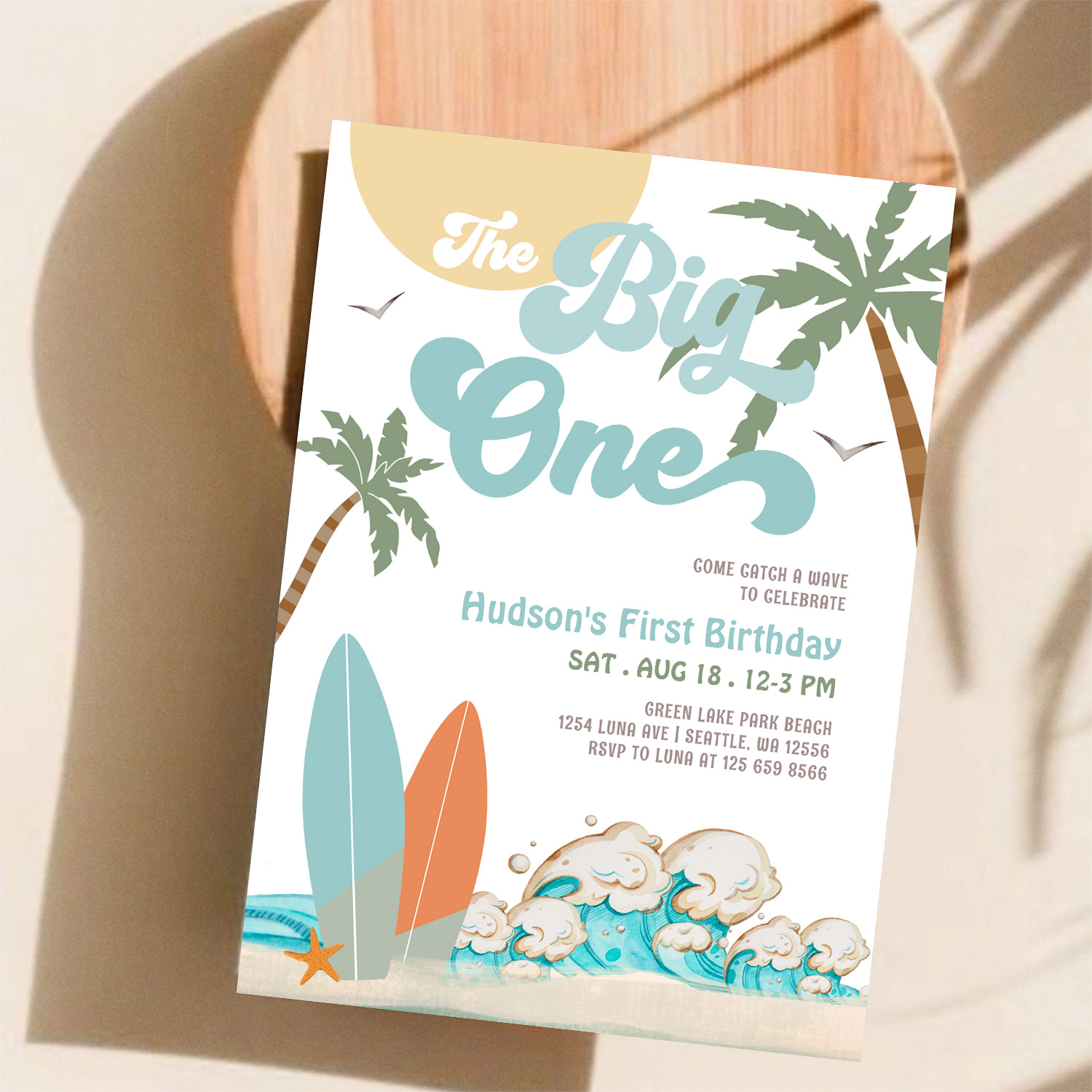 The Big One Surfing Boy 1st Birthday Beach Party Invitation - Image 11