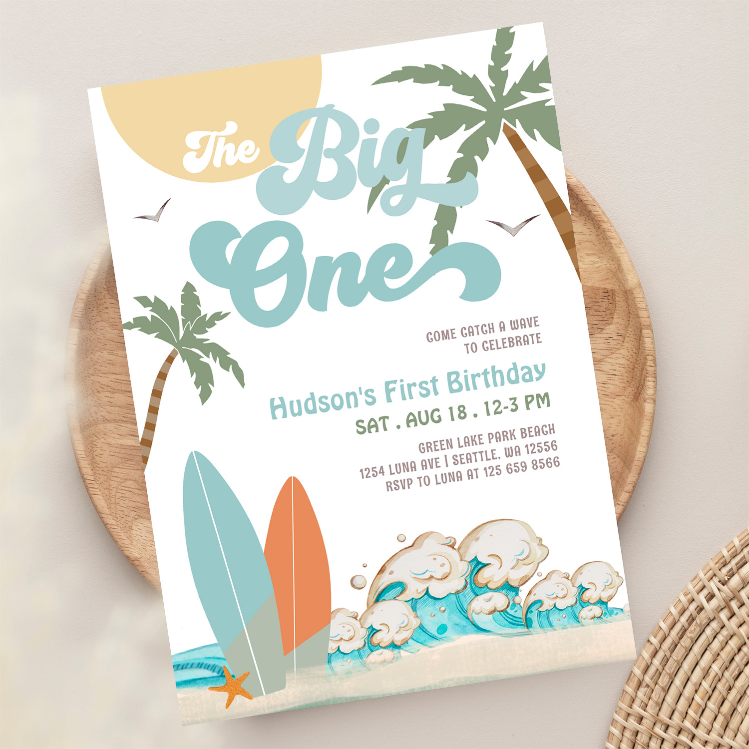 The Big One Surfing Boy 1st Birthday Beach Party Invitation - Image 13
