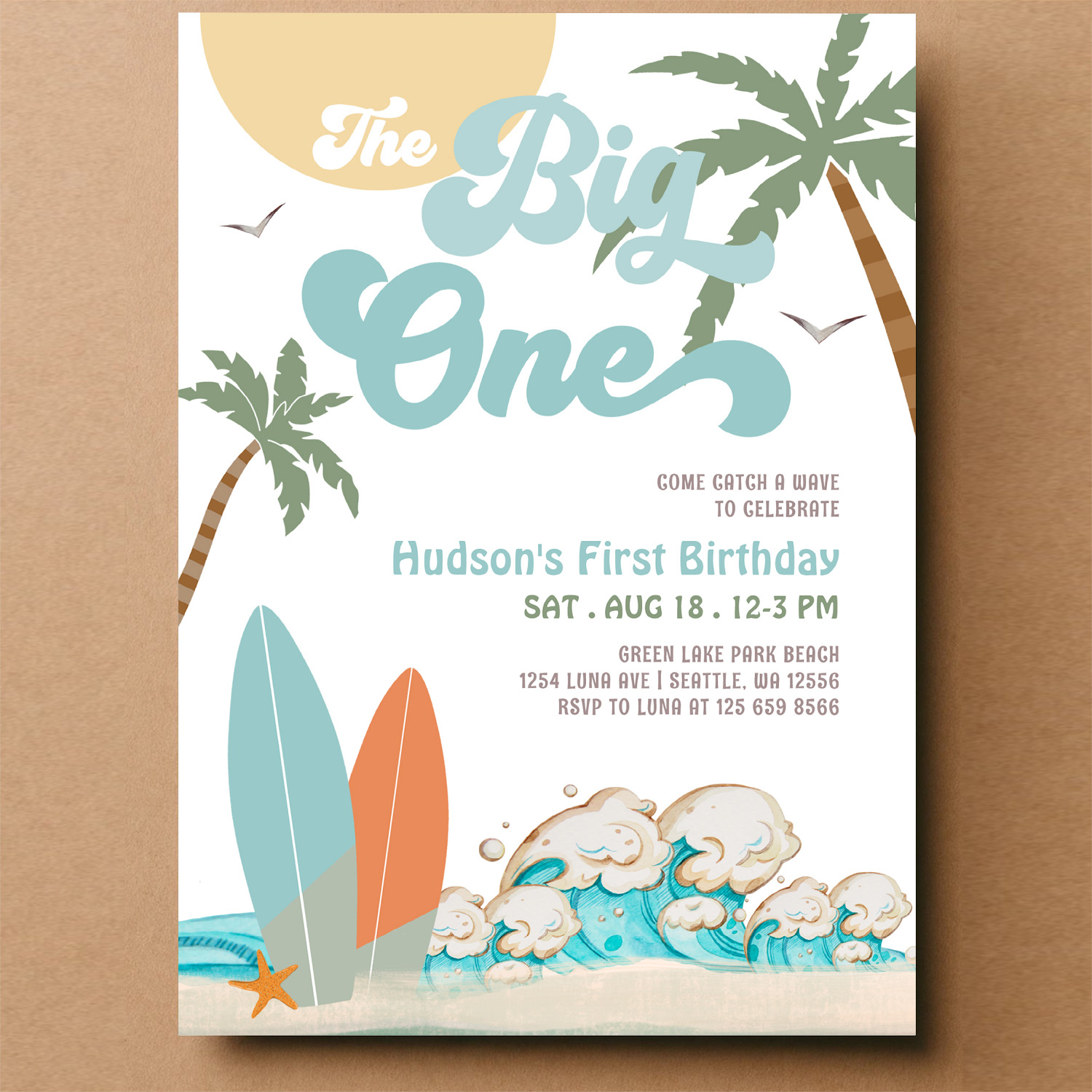 The Big One Surfing Boy 1st Birthday Beach Party Invitation - Image 14