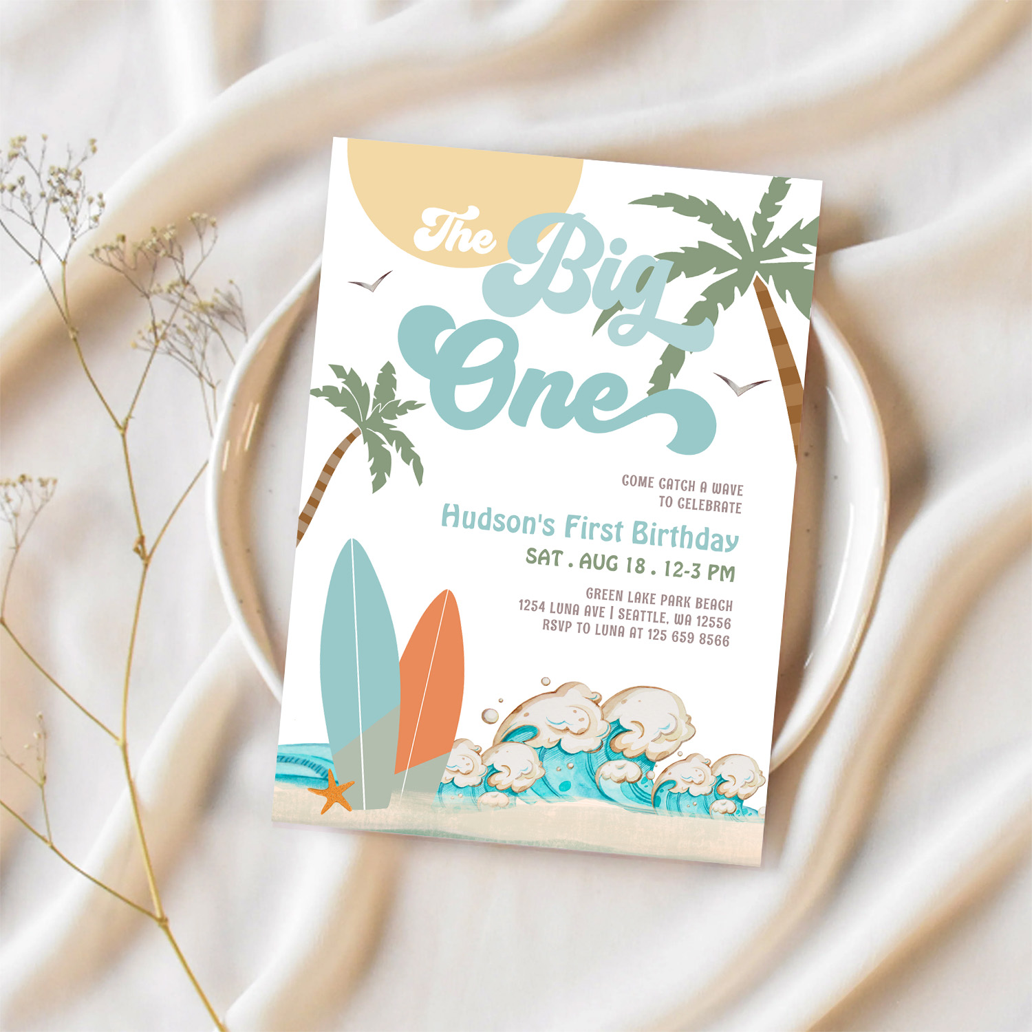 The Big One Surfing Boy 1st Birthday Beach Party Invitation - Image 2
