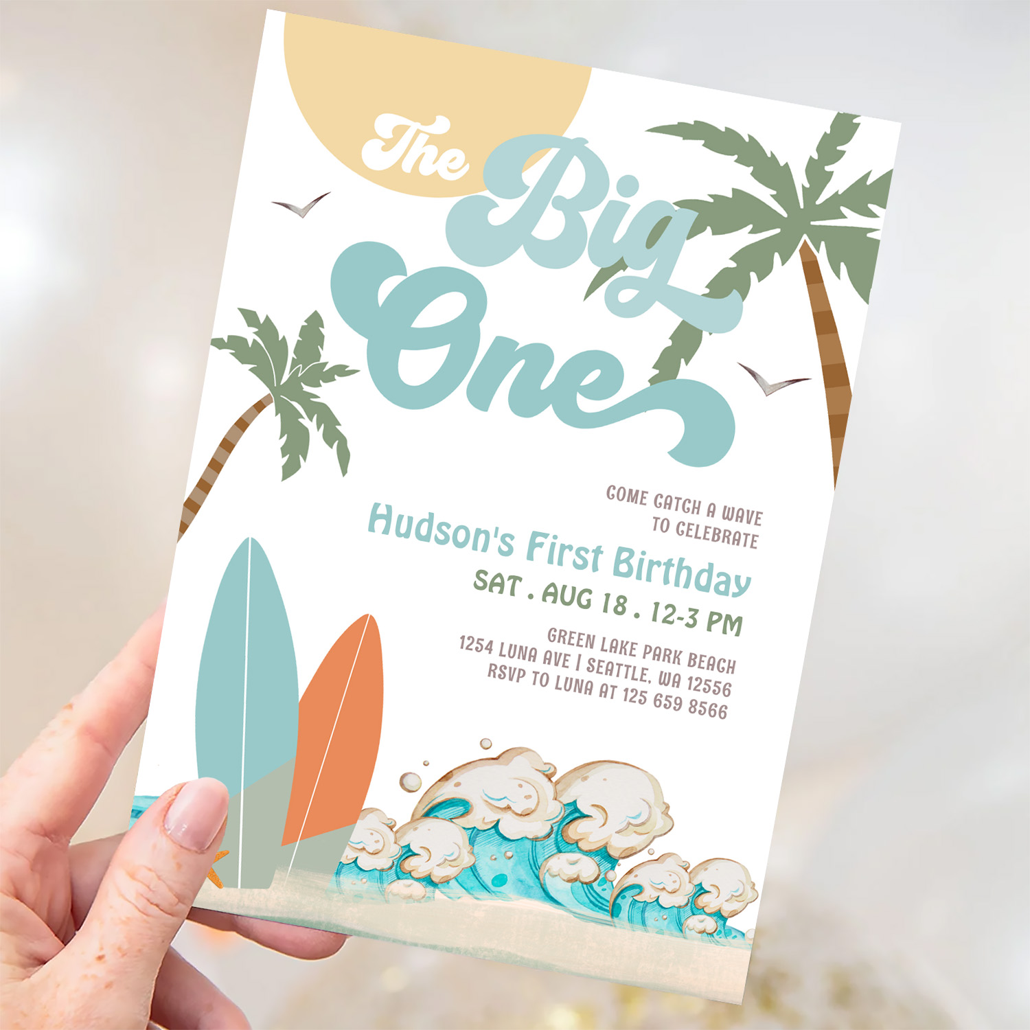 The Big One Surfing Boy 1st Birthday Beach Party Invitation - Image 3