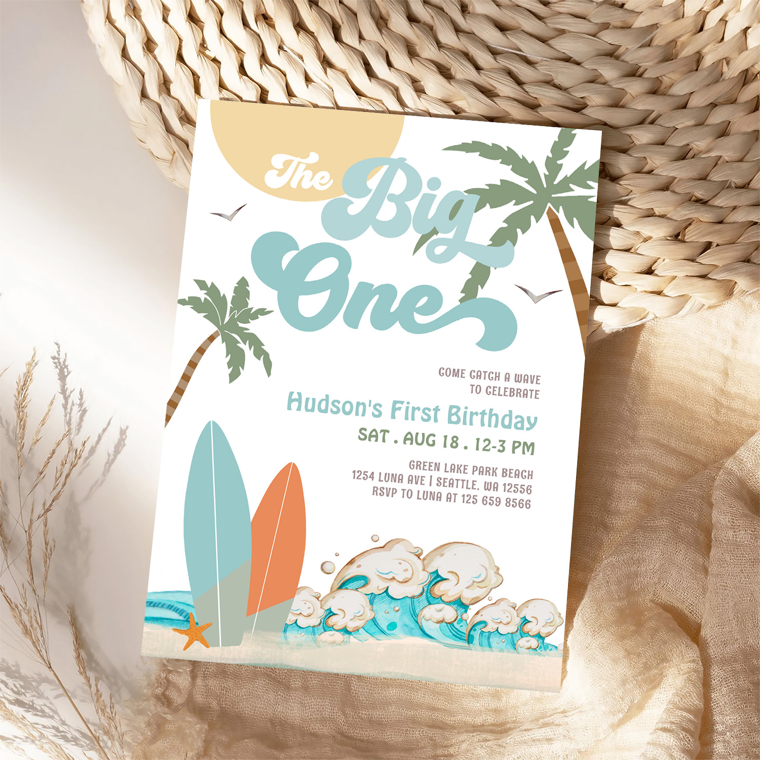 The Big One Surfing Boy 1st Birthday Beach Party Invitation - Image 4