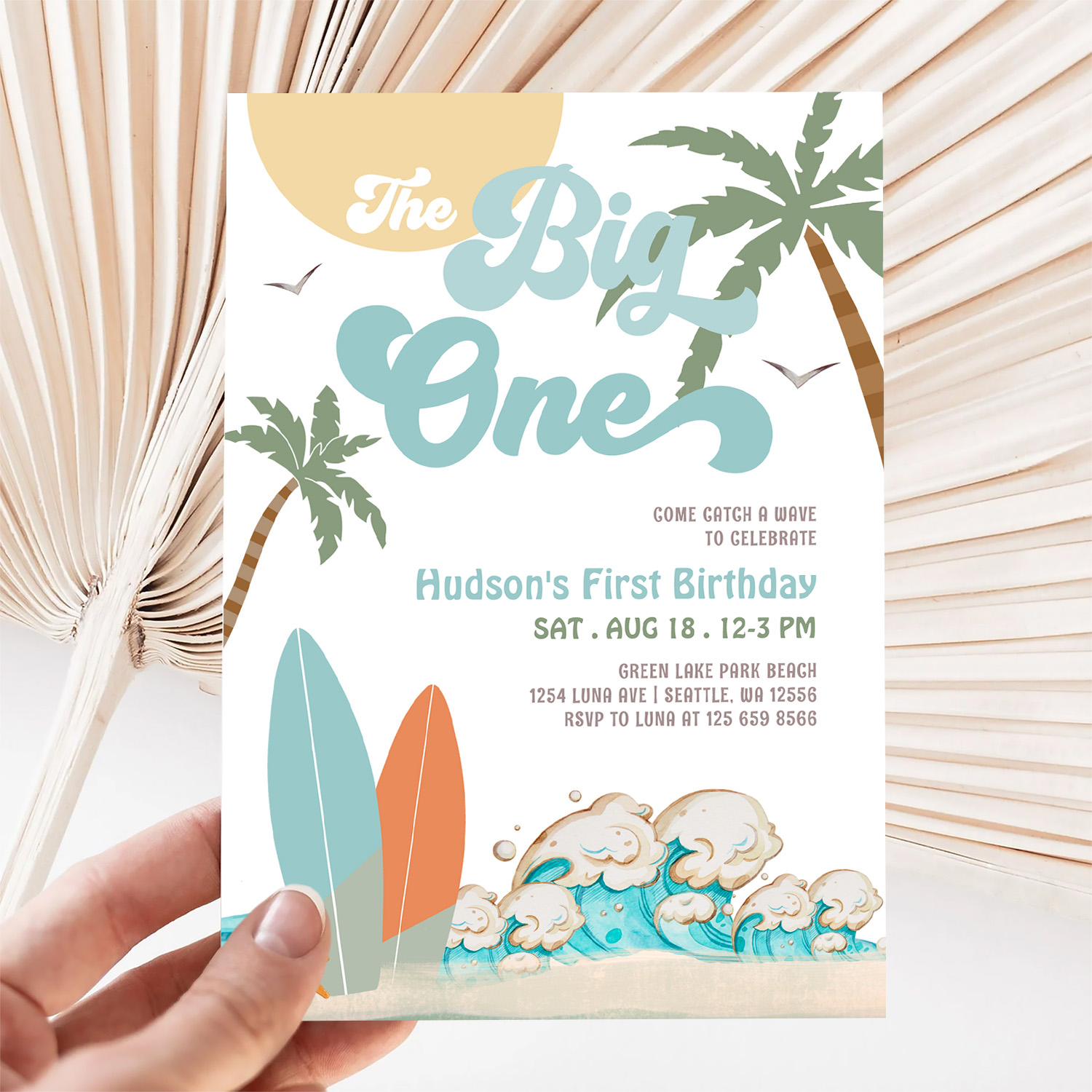 The Big One Surfing Boy 1st Birthday Beach Party Invitation - Image 5