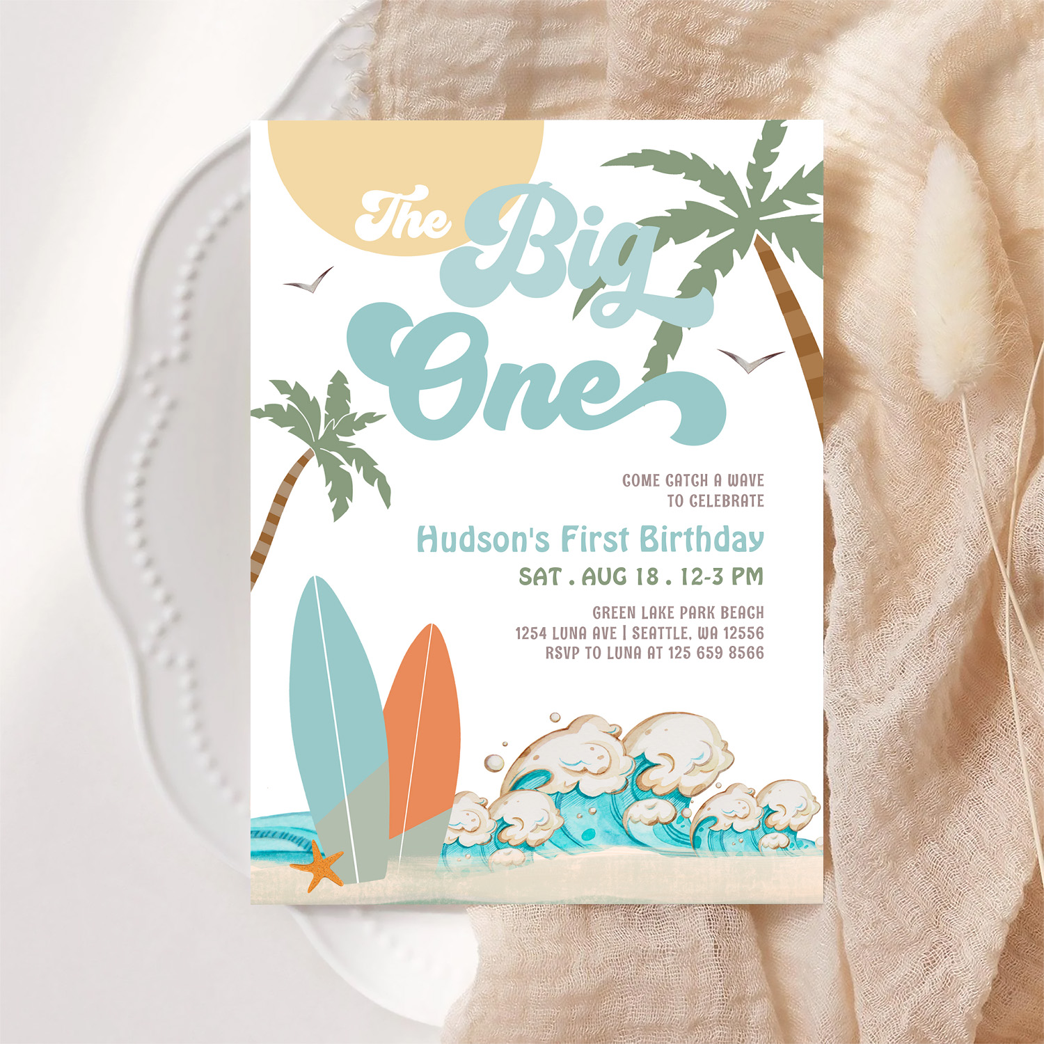 The Big One Surfing Boy 1st Birthday Beach Party Invitation - Image 6