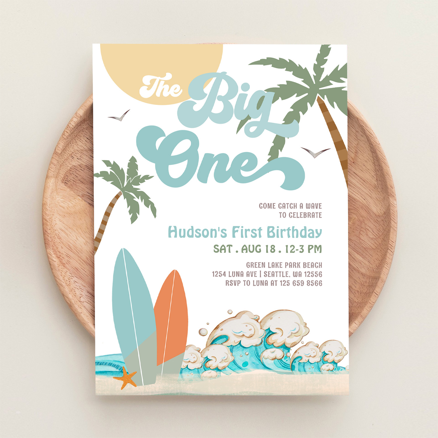 The Big One Surfing Boy 1st Birthday Beach Party Invitation - Image 7